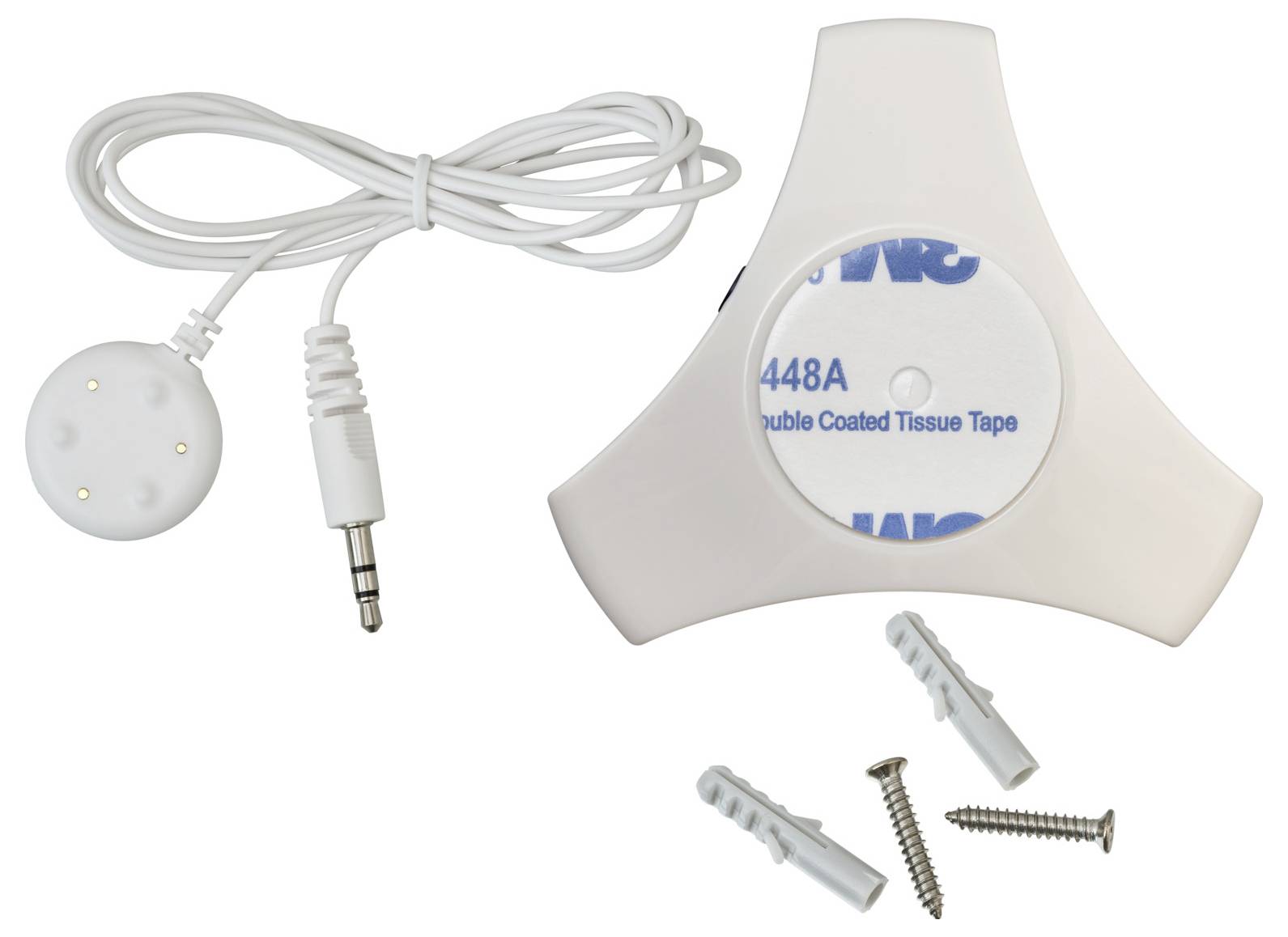 Weißes Klebstoff-Kabelklemmen-Set mit Kabel, 3,5-mm-Stecker, zwei Wanddübeln und Schrauben auf einer Produktverpackung mit der Bezeichnung 3M 448A Double Coated Tissue Tape.