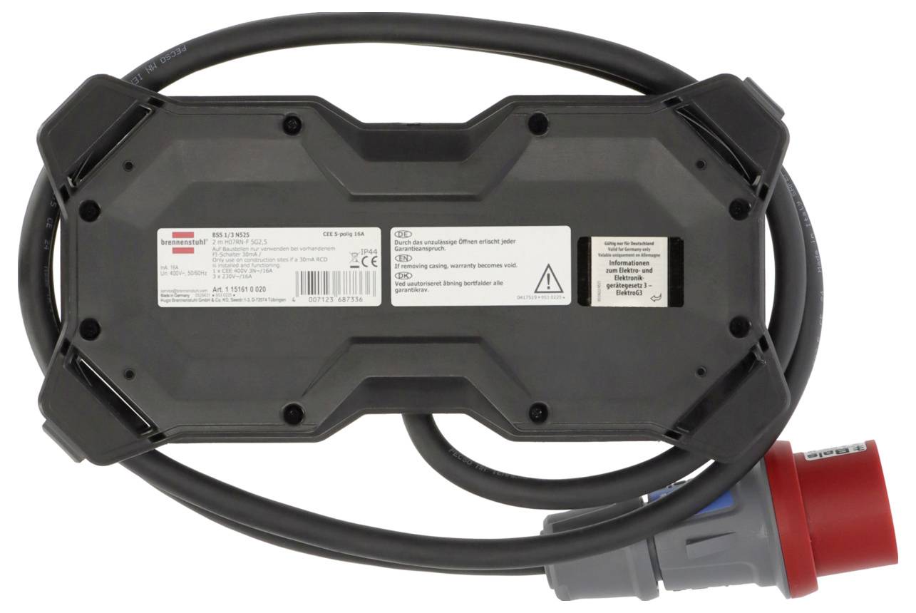 Rückansicht einer tragbaren Ladevorrichtung für Elektrofahrzeuge mit angeschlossenem dickem schwarzem Kabel und rot-grauem Stecker auf weißem Hintergrund.