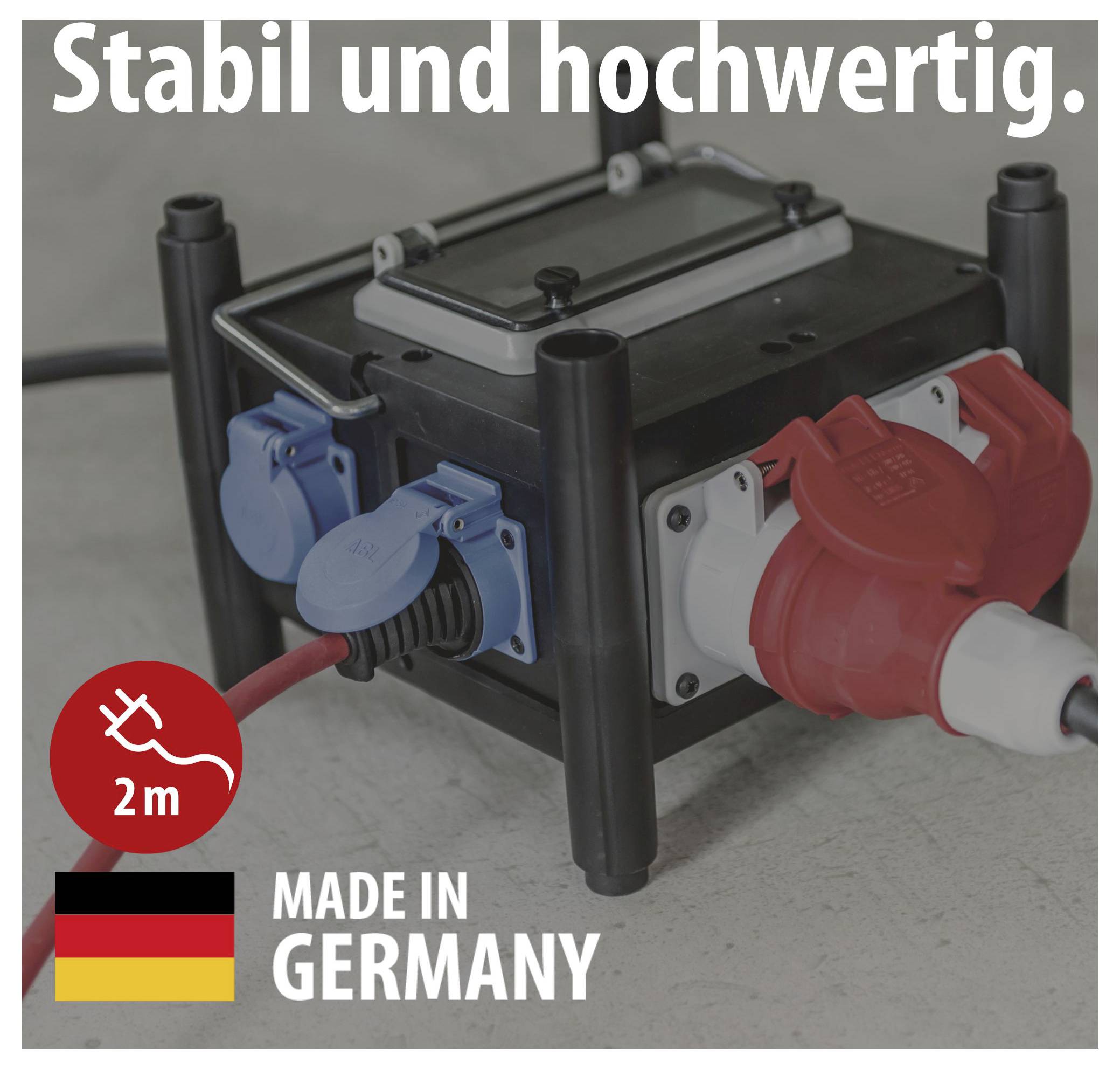 Mobiler Stromverteiler mit roten und blauen Steckdosen; Text: 'Stabil und hochwertig.', '2 m' und 'MADE IN GERMANY'.