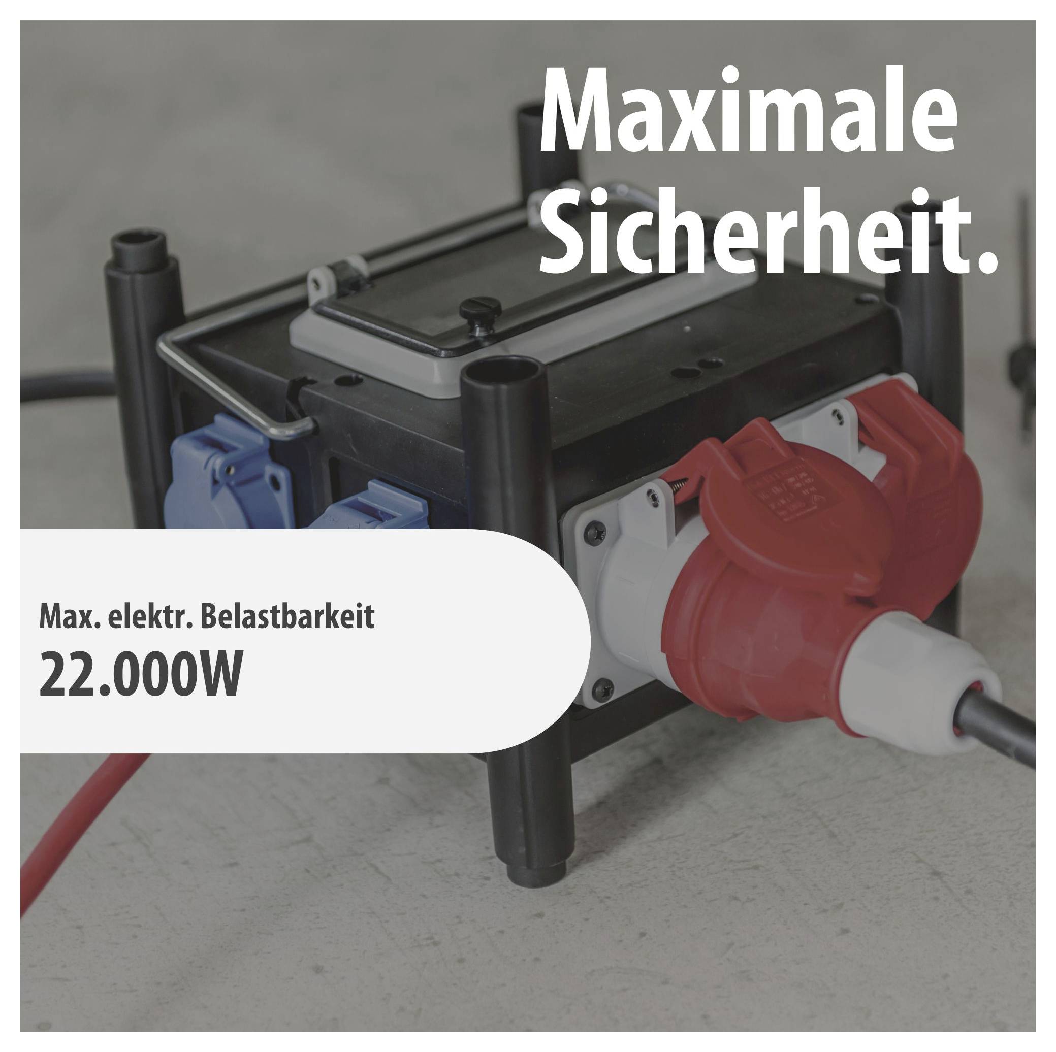 Industrie-Steckdosenverteiler mit roten und blauen Anschlüssen; Text: 'Maximale Sicherheit' und 'Max. elektr. Belastbarkeit 22.000W'.