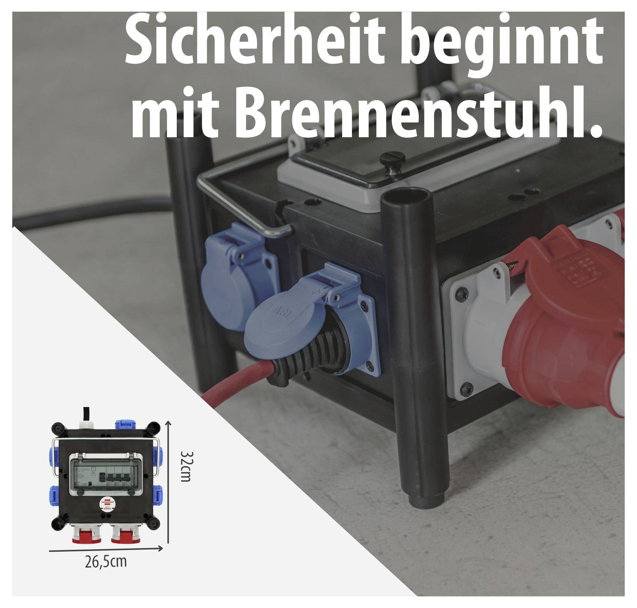 Werbeabbildung einer Baustellen-Stromverteilung mit Schutzkontakt- und CEE-Anschlüssen; Text: 'Sicherheit beginnt mit Brennenstuhl.' sowie Maße 26,5 cm und 32 cm.
