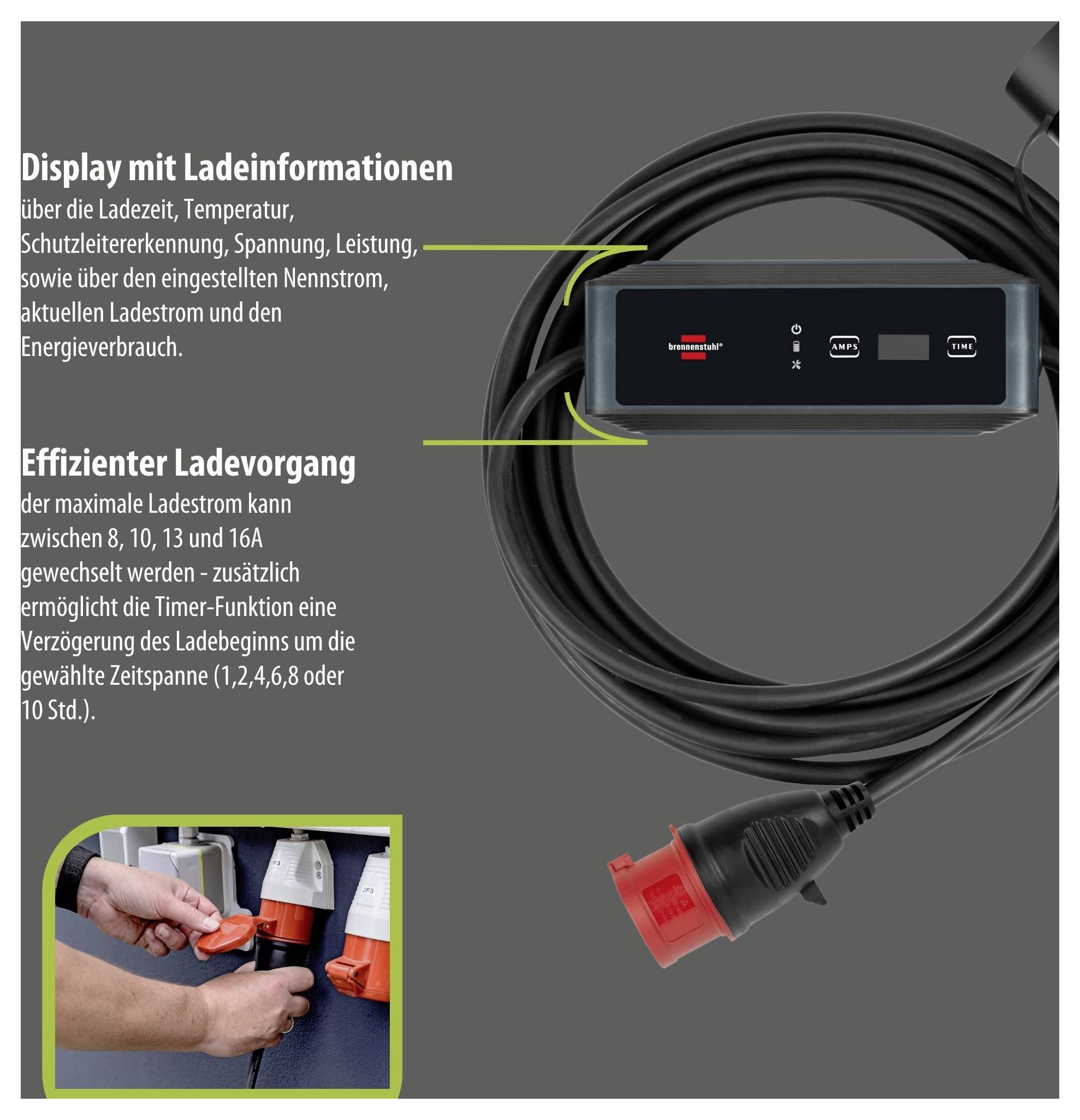 Produktgrafik eines mobilen Ladegeräts mit Display; zeigt Ladeinformationen, einstellbaren Strom und effizienten Ladevorgang. Unten ein Foto vom Anschließen des Steckers.