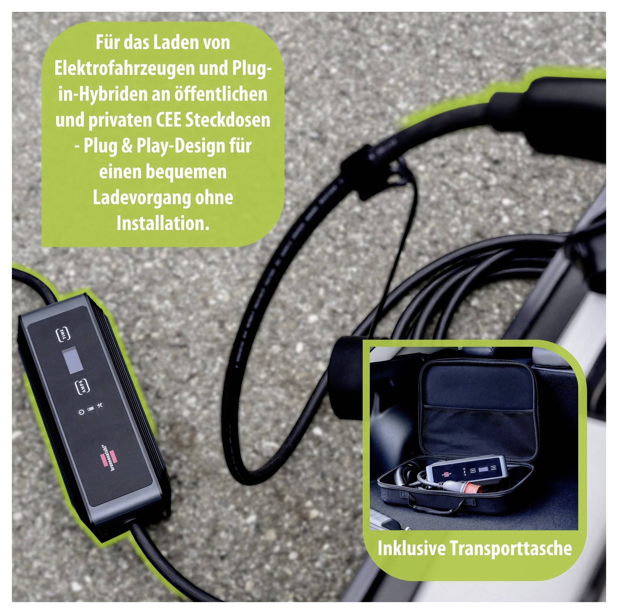 Mobiles Ladegerät für E-Fahrzeuge und Plug-in-Hybride an CEE-Steckdosen; zeigt Ladebox, Kabel und Transporttasche, inkl. 'Inklusive Transporttasche'.