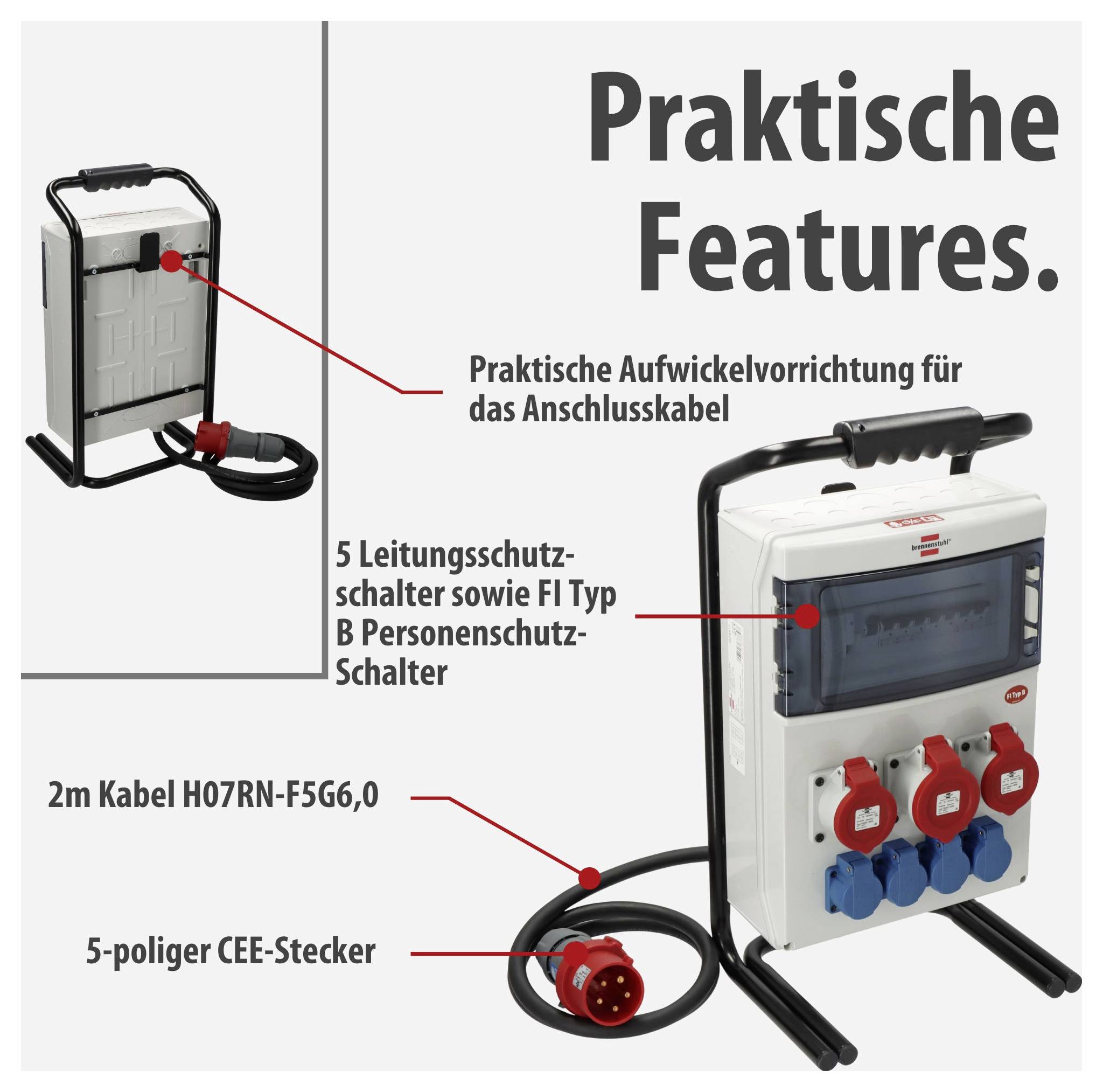 Produktfoto eines mobilen Stromverteilers mit Kabelaufwicklung; markiert sind 5 FI-/LS-Schalter, 2 m H07RN-F5G6,0-Kabel und 5-poliger CEE-Stecker.