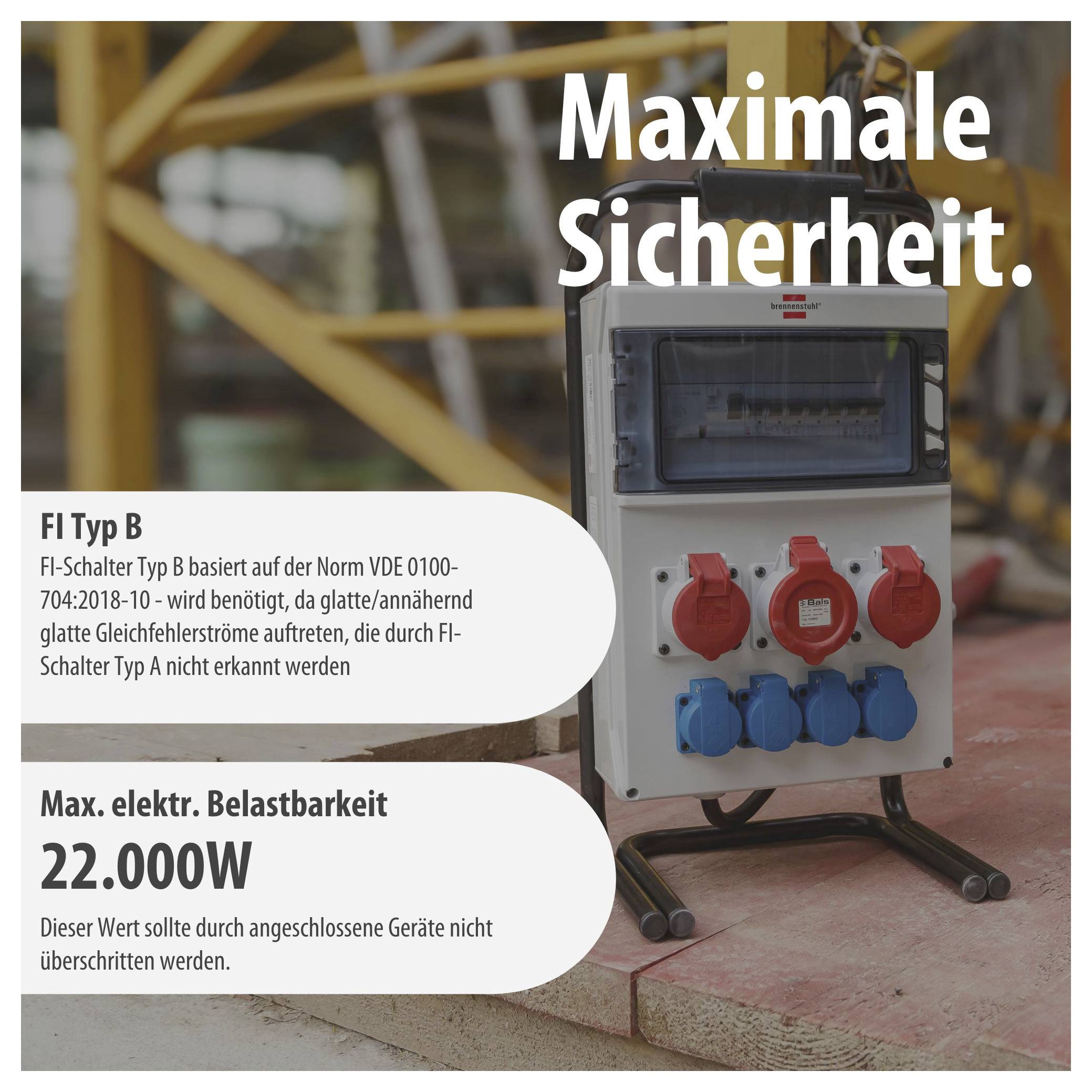 FI-Schalter Typ B für maximale Sicherheit; max. elektrische Belastbarkeit 22.000 W, mit roten und blauen Steckdosen an einem Baustromverteiler.