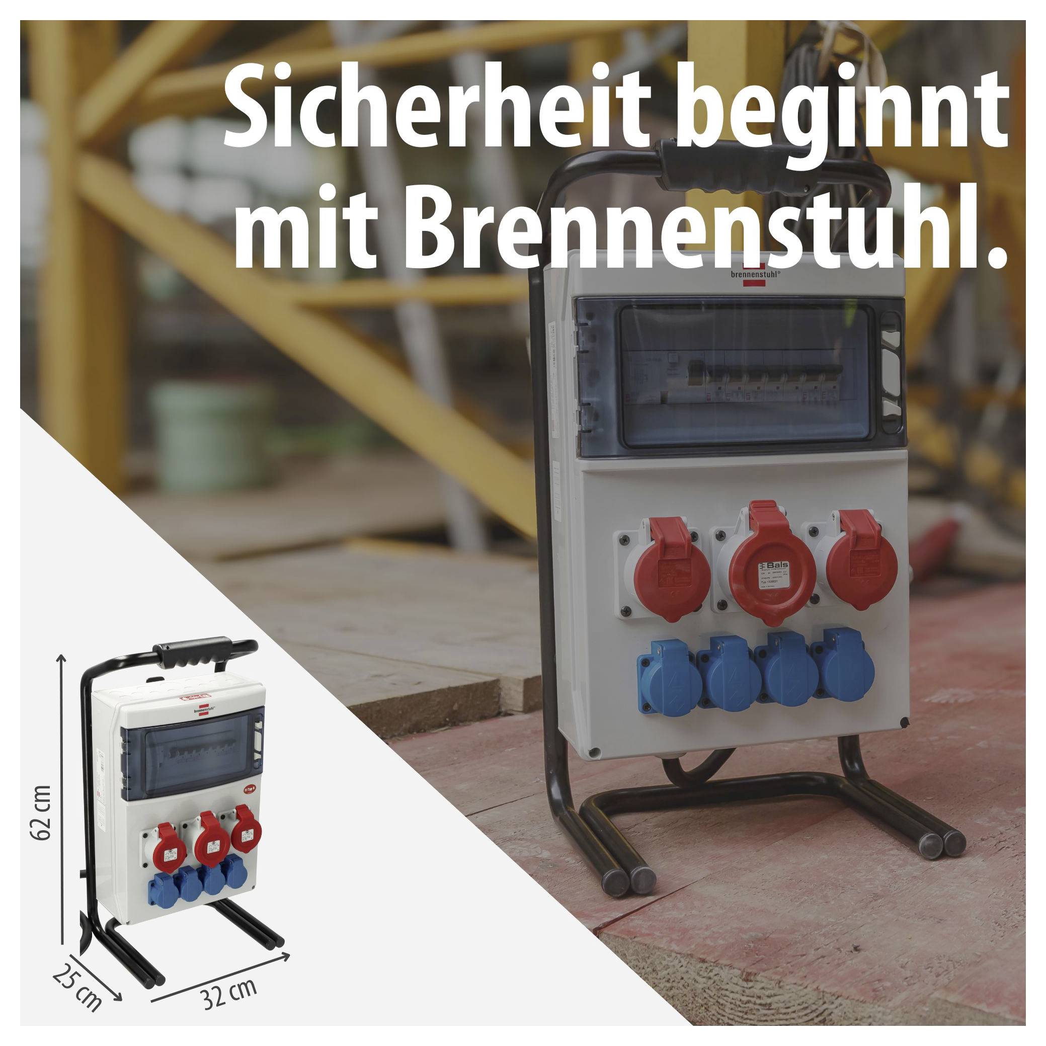 Mobiler Baustromverteiler auf Ständer mit Schutzklappen; Text: 'Sicherheit beginnt mit Brennenstuhl.' und Maßangaben 62 cm, 32 cm, 25 cm.