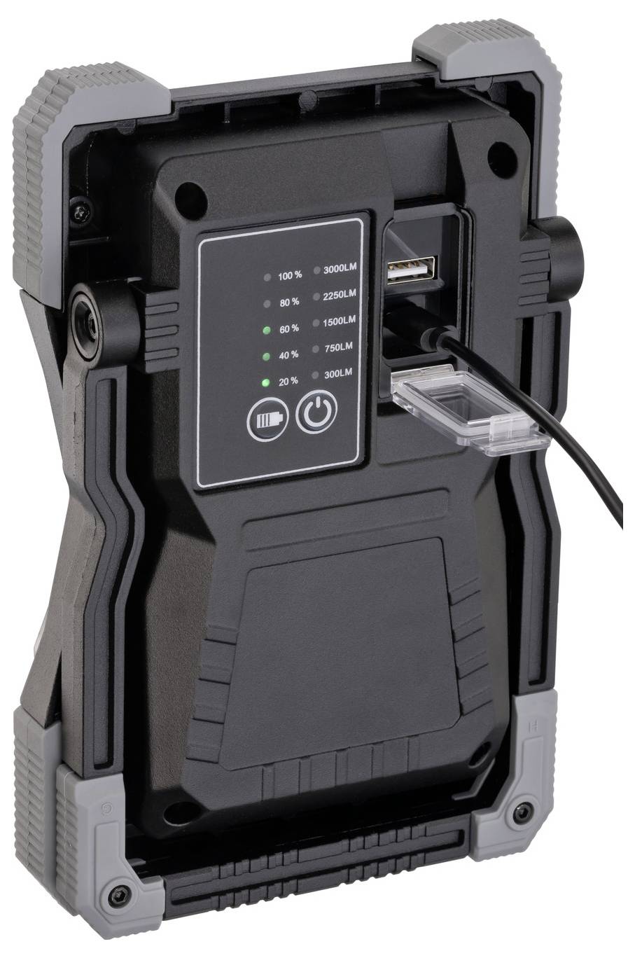 Tragbares Akkupaket mit Stromanzeige und USB-Anschlüssen, dargestellt in einem robusten schwarz-grauen Gehäuse mit angeschlossenem Ladekabel.
