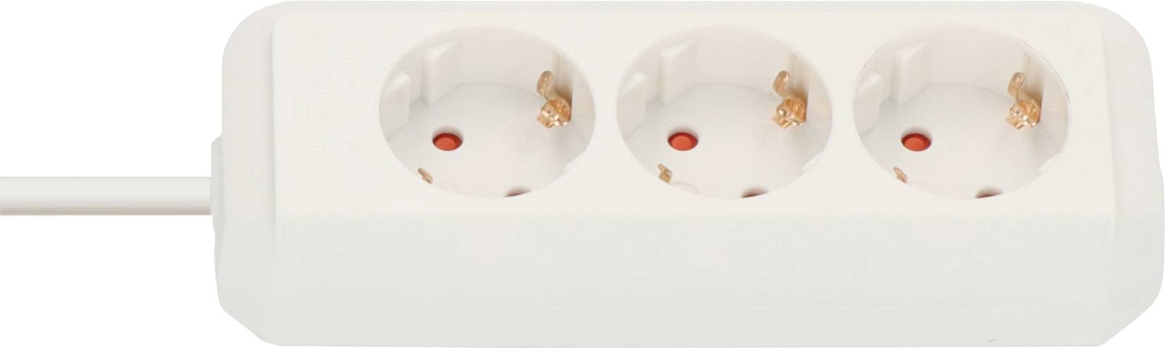 Weiße dreifache Steckerleiste mit drei runden europäischen Steckdosen und einem angesteckten Kabel auf der linken Seite.