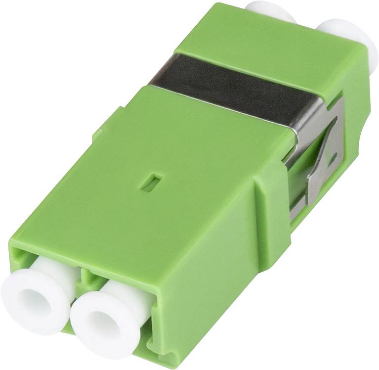Ein grüner rechteckiger Glasfaseradapter mit zwei weißen Eingabeöffnungen, verwendet zum Verbinden zweier optischer Kabel.