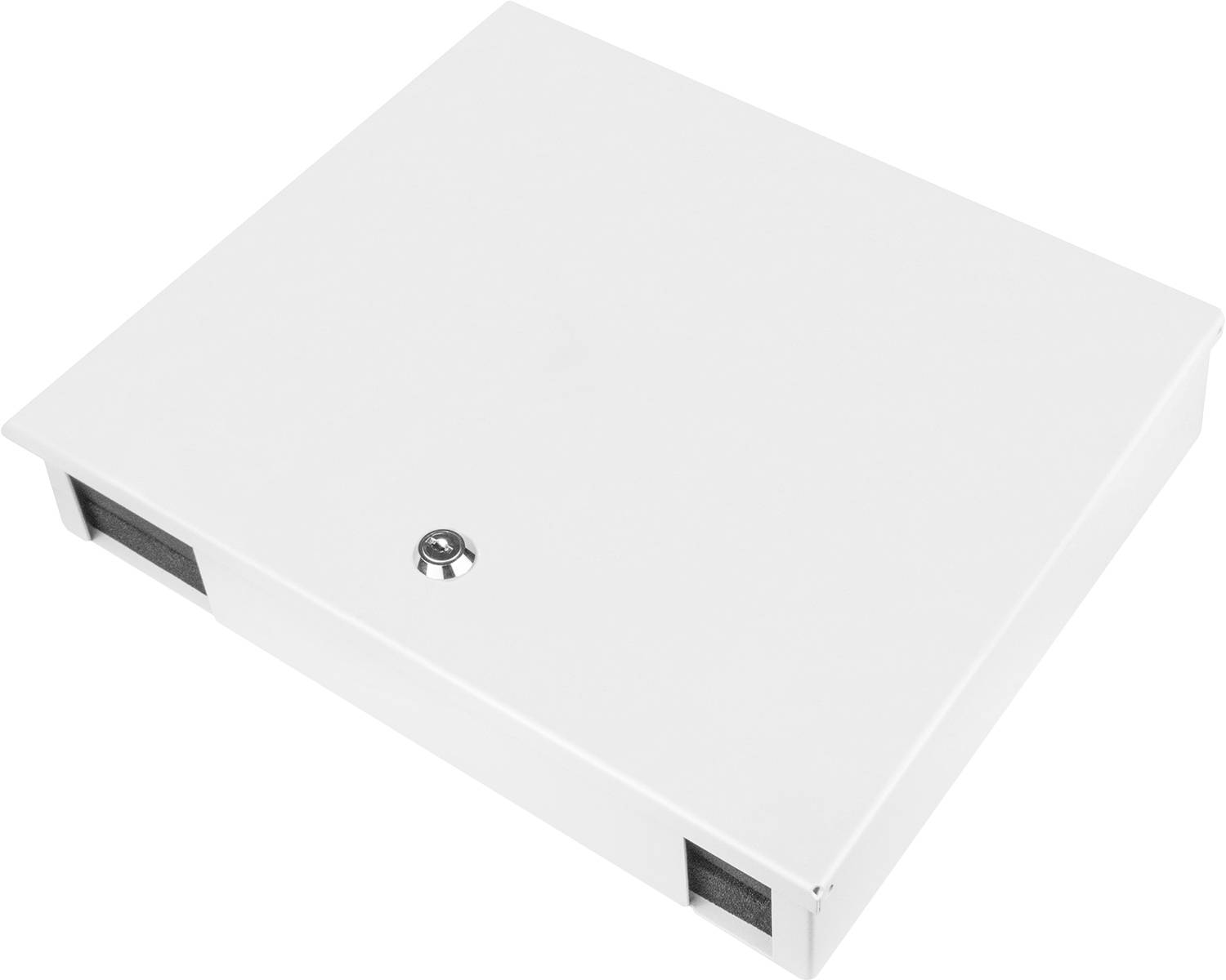 Weißer rechteckiger Metallkasten mit einem Schloss an der Vorderseite.