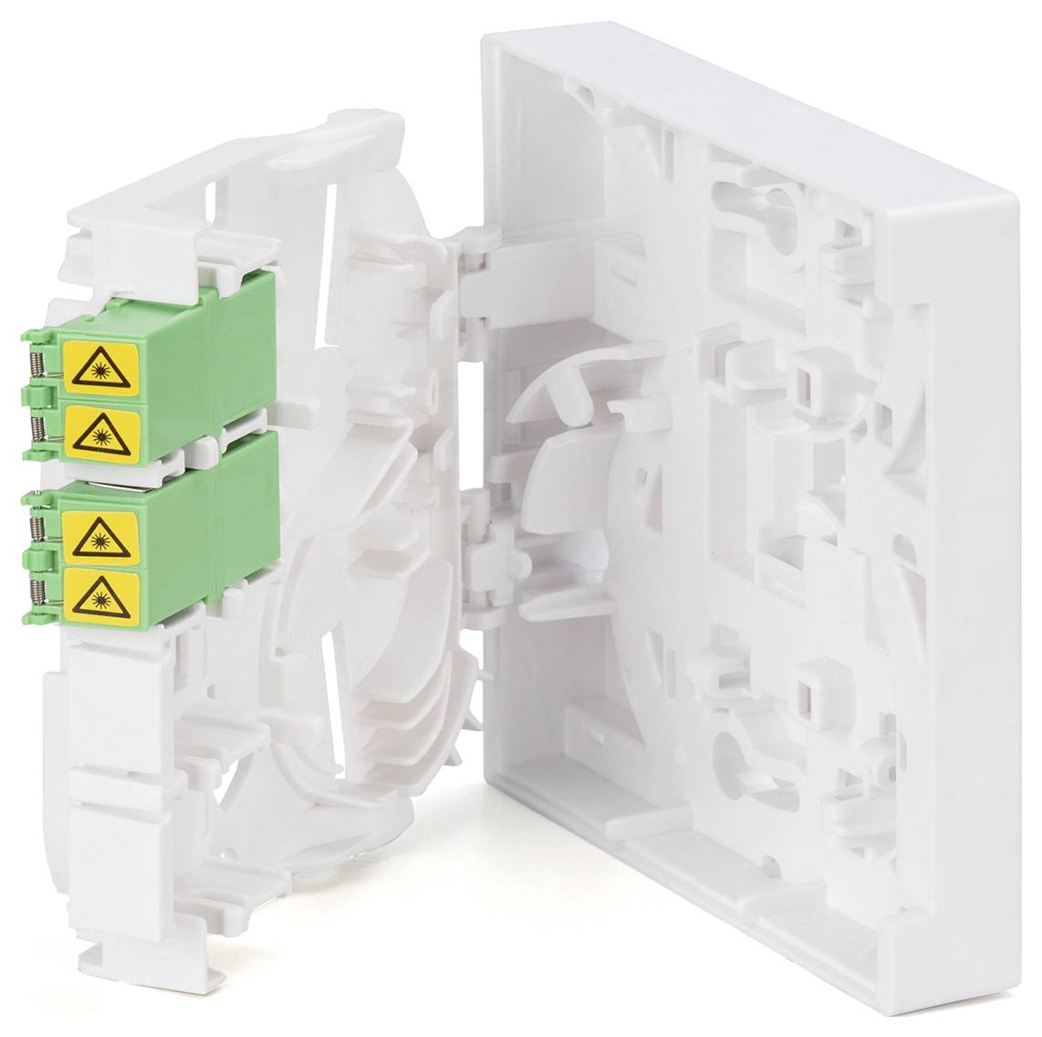 Weiße Kunststoff-Wandmontage-Glasfaser-Verteilbox mit drei grünen SC/APC-Adaptern und Warnhinweissymbolen. Box ist geöffnet und zeigt die Anschlüsse.