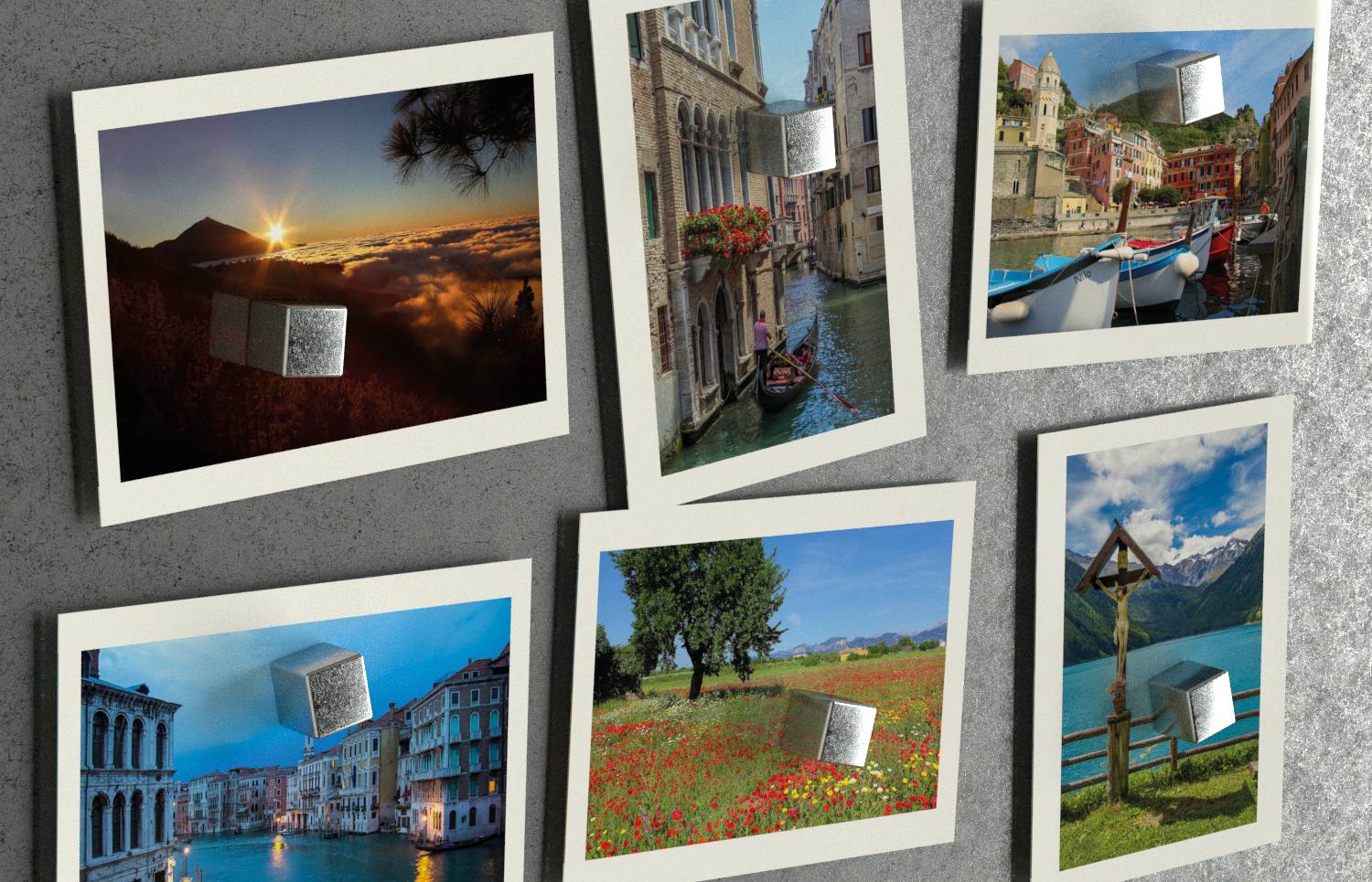 Collage aus sechs postkartähnlichen Fotos, jedes mit einem kleinen metallischen Würfel über einer malerischen Landschaft oder Stadtaussicht.