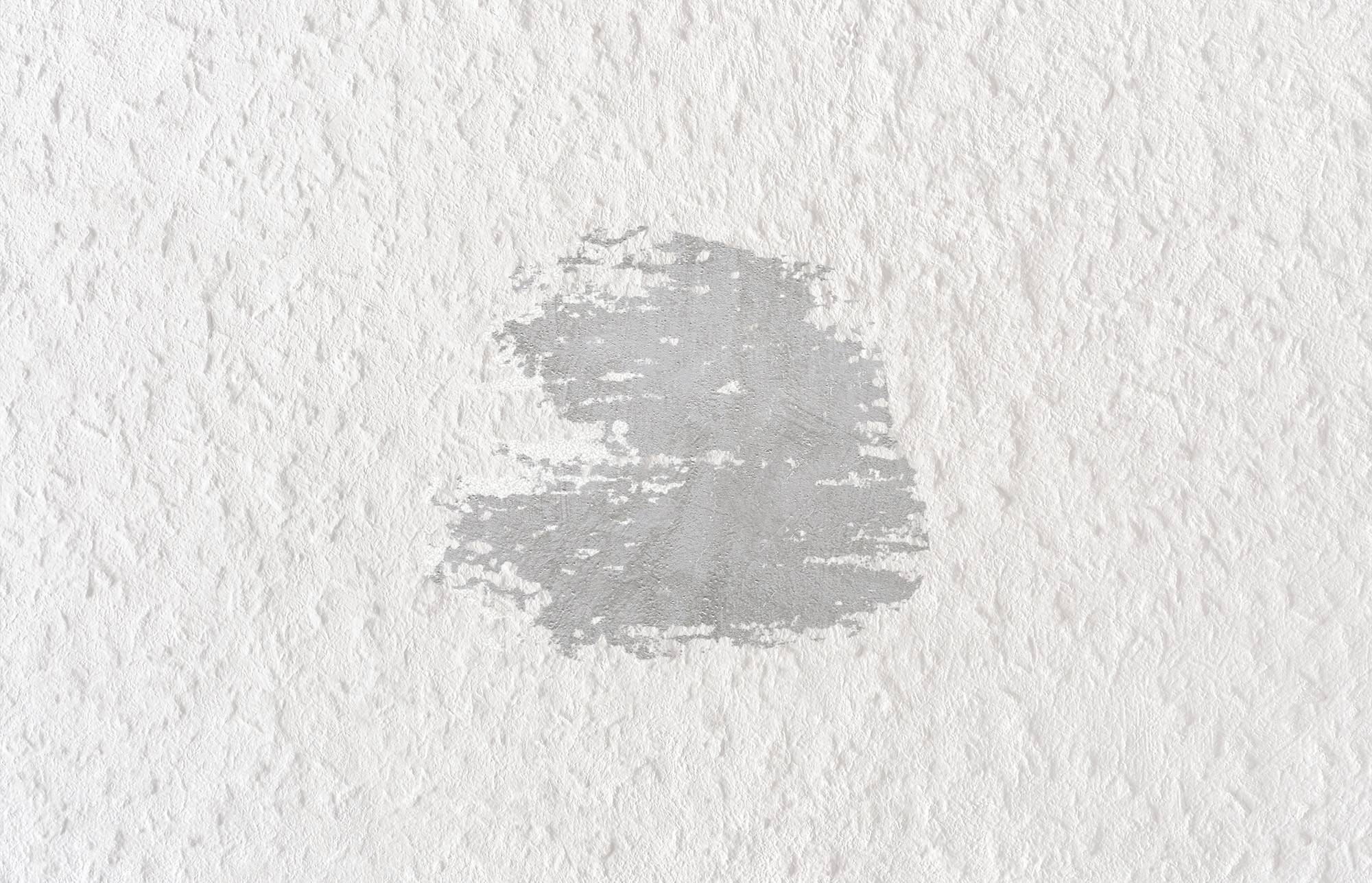 Ein Fleck grauer Farbe auf einer strukturierten weißen Wand.