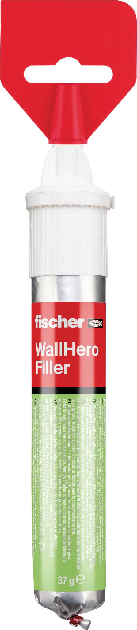 Ein Rohr von 'fischer WallHero Filler', entwickelt für Wandreparaturen. Das Rohr ist rot und grün mit einer dreieckigen roten Kappe.