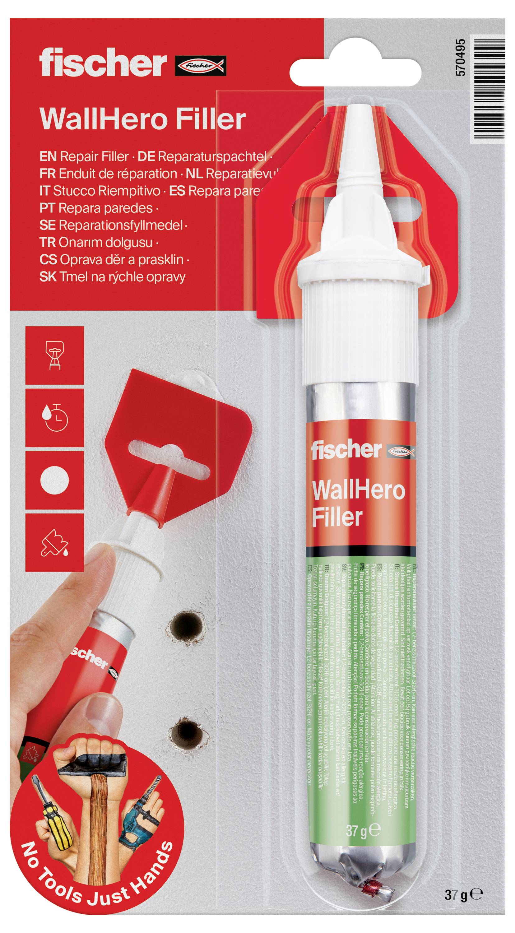 Eine Tube Fischer WallHero Filler ohne Werkzeuge, mit verschiedenen Sprachbeschreibungen und Symbolen, die die einfache Anwendung verdeutlichen.