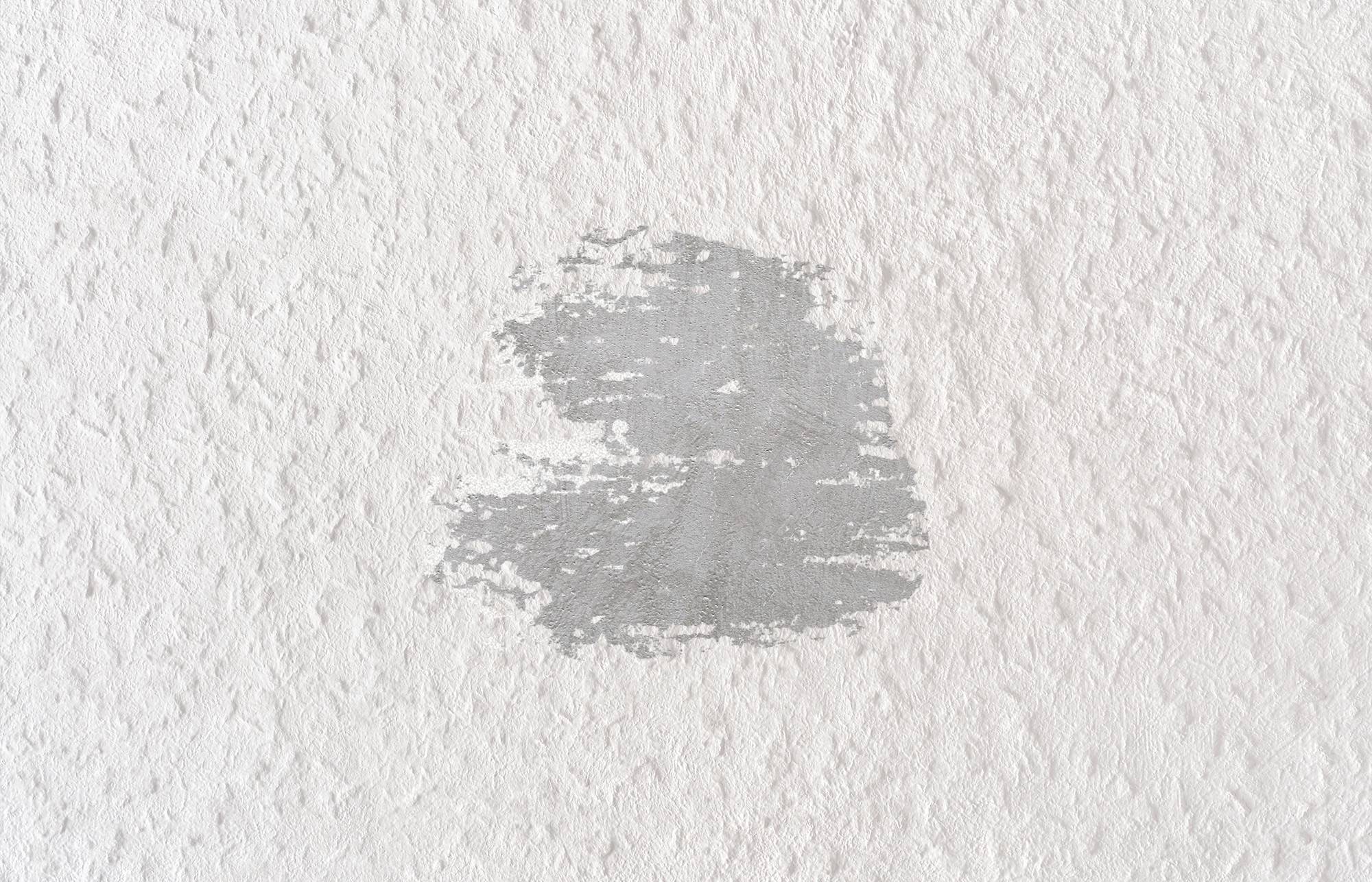 Ein kleiner grauer Farbfleck auf einer strukturierten weißen Wand, der einen Bereich von Farbausbesserung oder Farbabblätterung zeigt.