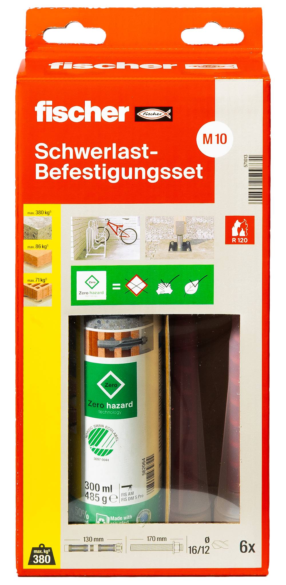 Verpackung für 'fischer Schwerlast-Befestigungsset' M10, zeigt ein Schwerlast-Ankerset mit 6 Teilen und eine 300 ml 'Zero Hazard' Patrone.