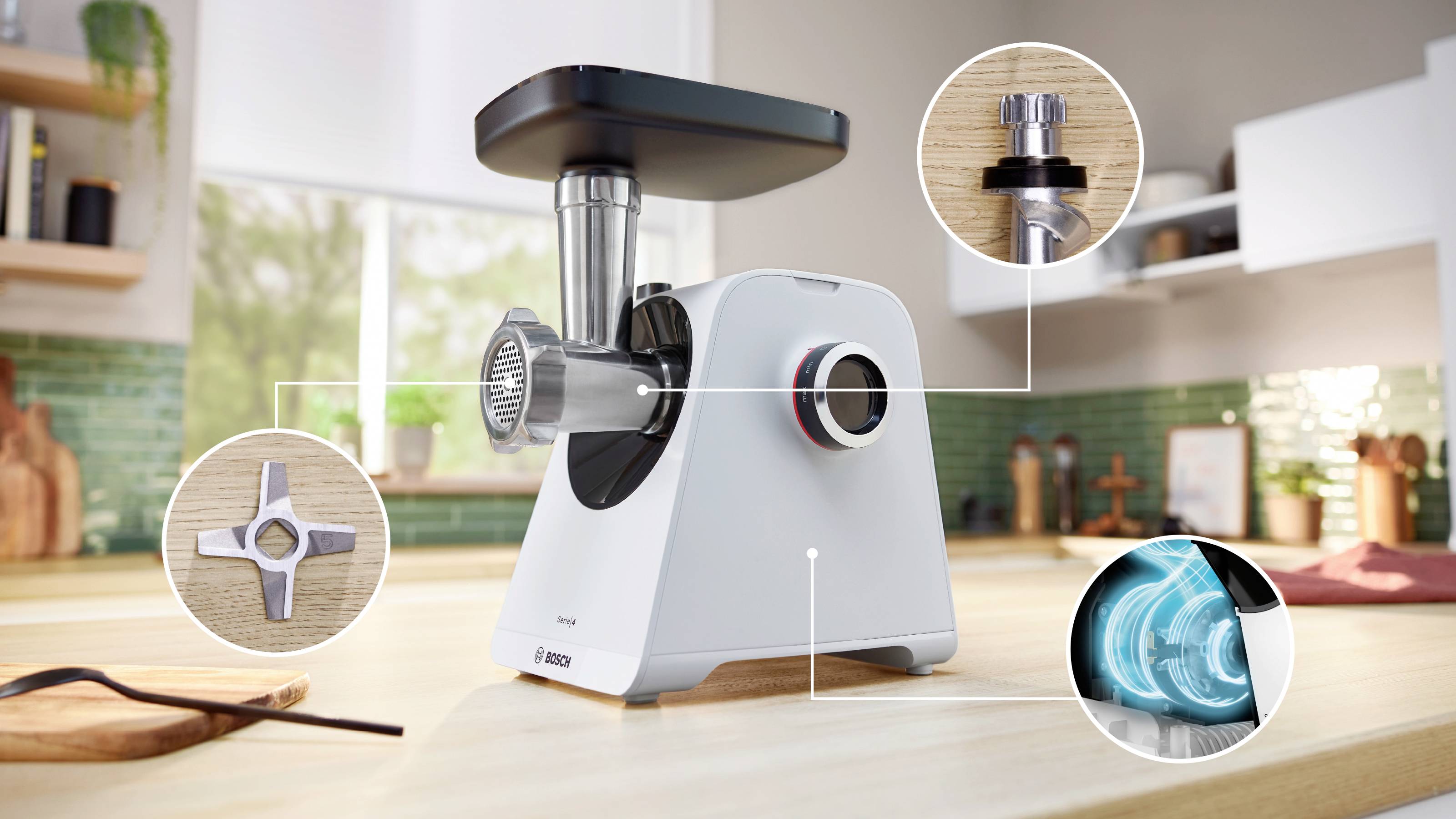 Bosch Multi Power Serie 4, 1900 Watt Blockierleistung MFWS420W Fleischwolf 1300 W Weiß