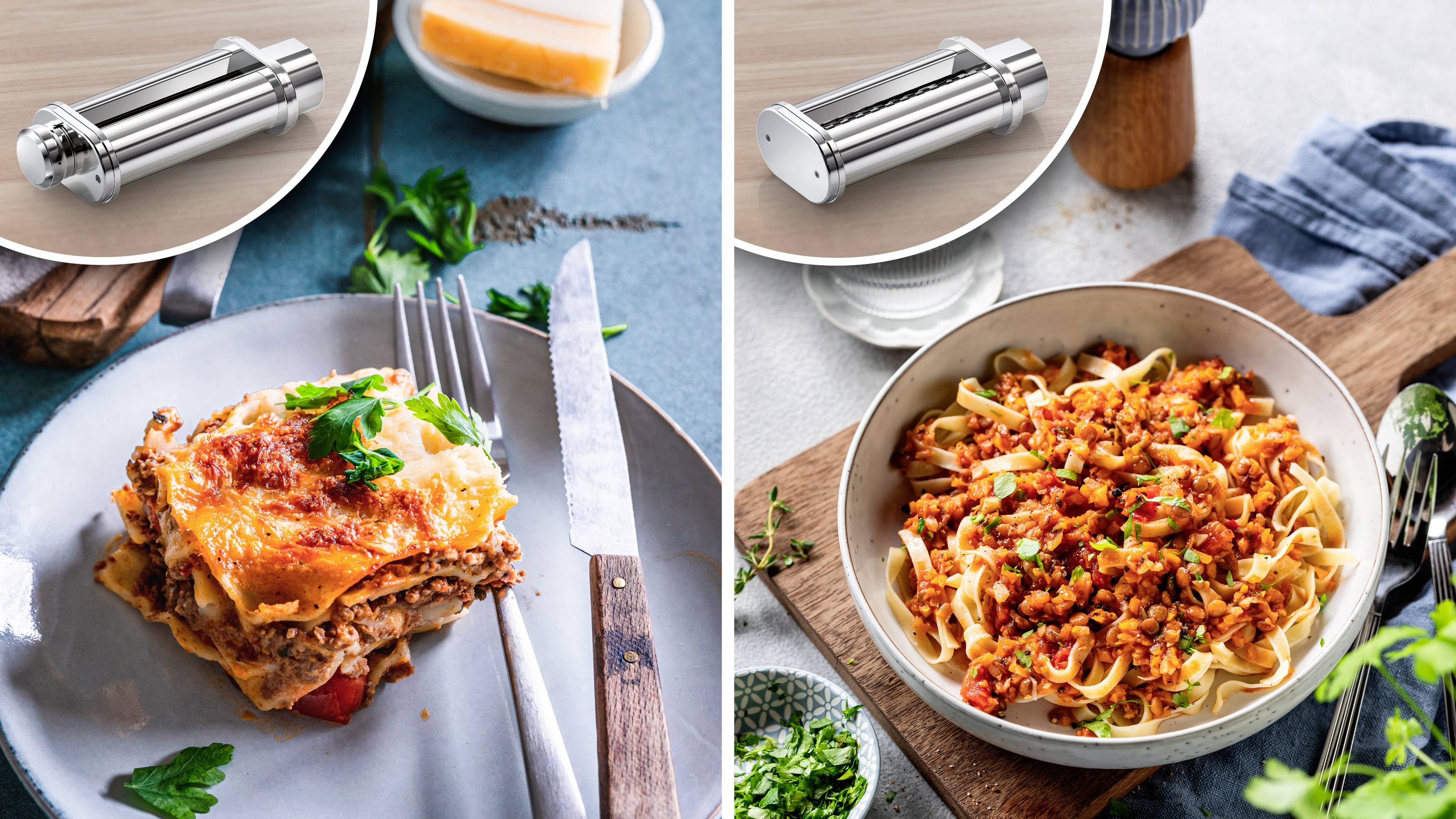 Zwei Gerichte: Lasagne mit Käse und Kräutern auf einem Teller und Pasta mit Tomatensoße und Kräutern in einer Schüssel. Käse und Mühle in der Nähe.