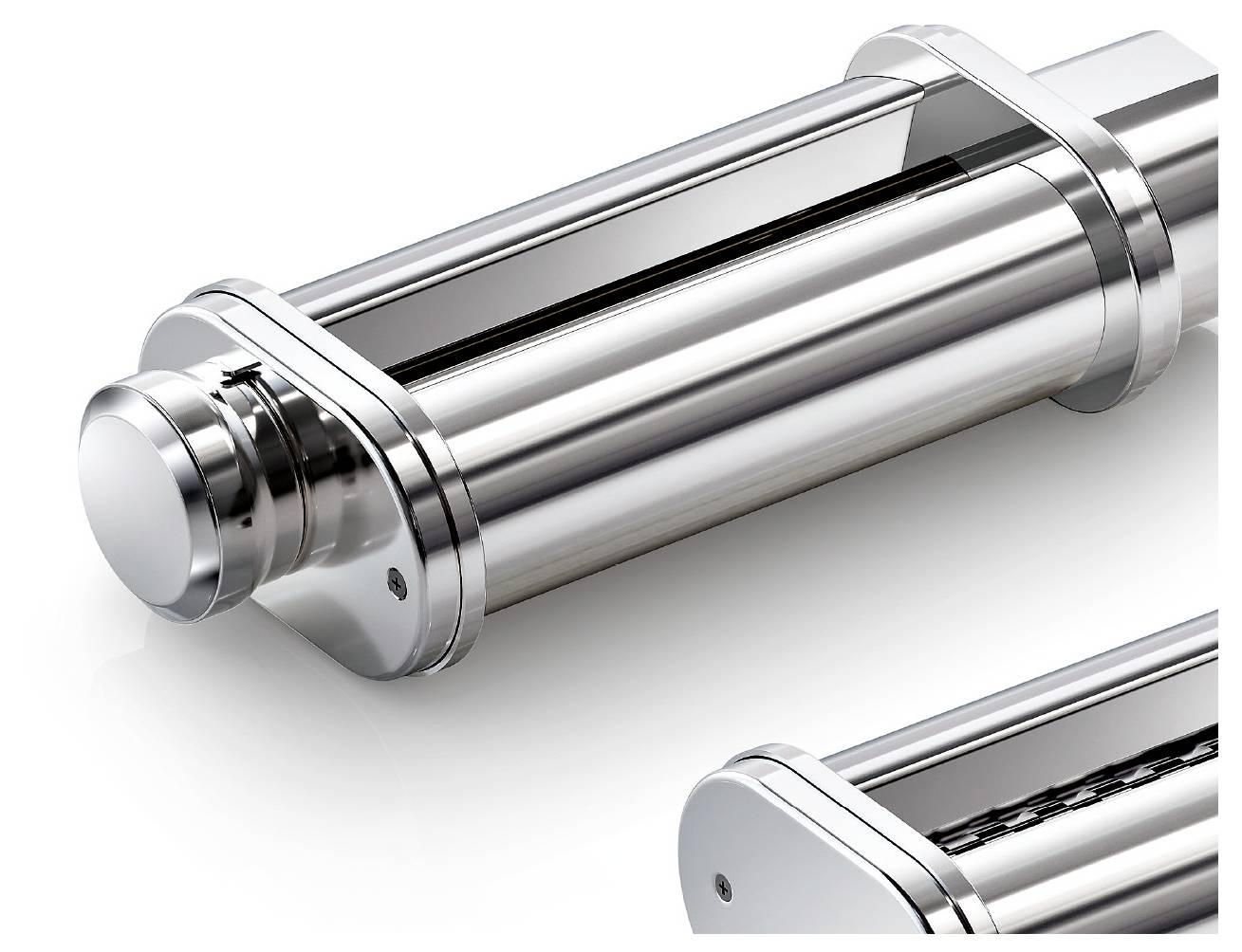 Eine Nahaufnahme eines glänzenden, metallischen Zylinderobjekts mit elegantem Design, das seine polierte Oberfläche und mechanischen Komponenten zur Geltung bringt.