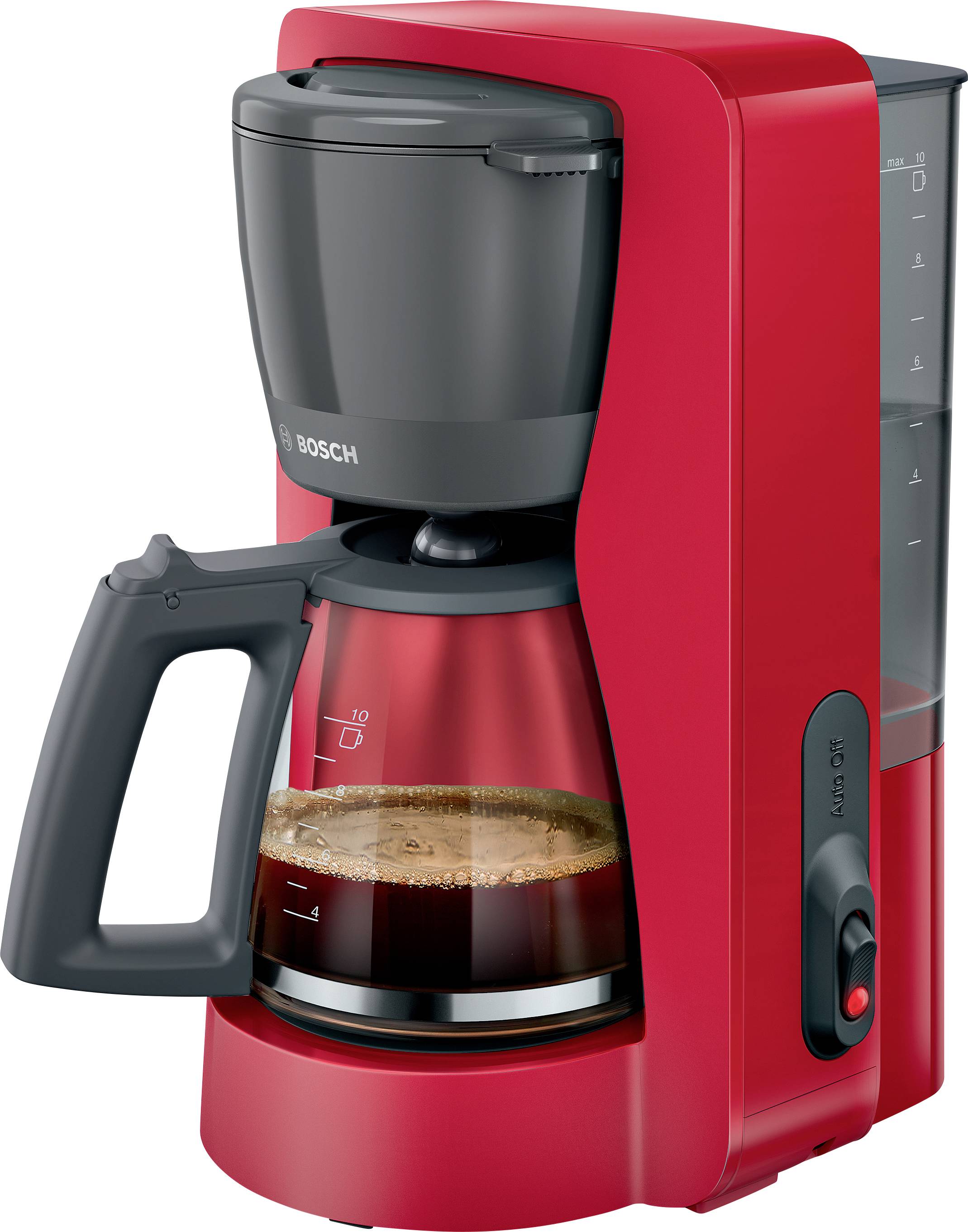 Eine rote Filterkaffeemaschine mit einer Glaskanne, zur Hälfte mit gebrühtem Kaffee gefüllt, mit einem seitlichen Wasserstandsanzeiger und einem Netzschalter.