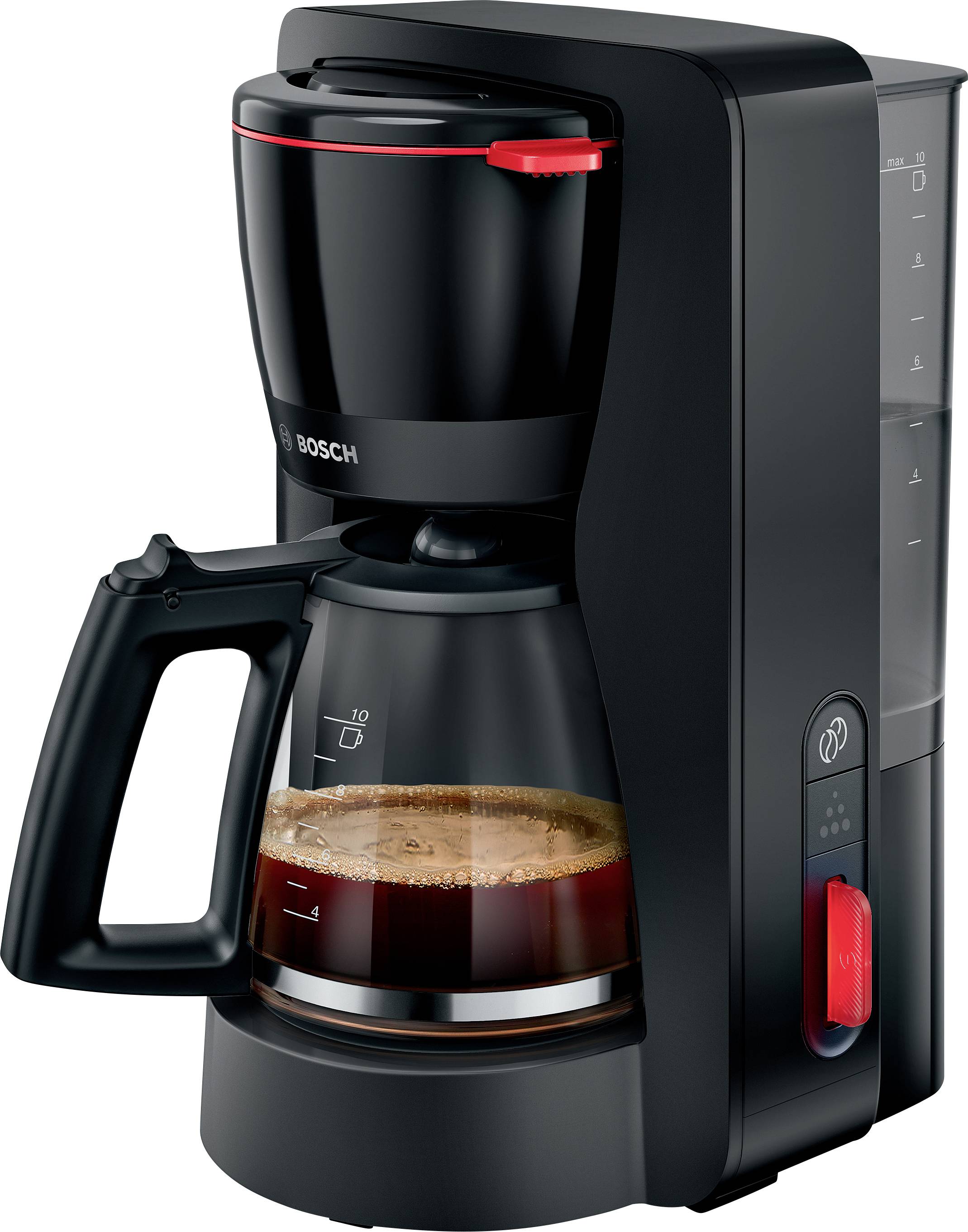 Schwarze Kaffeemaschine mit einer Glaskanne, die zur Hälfte mit Kaffee gefüllt ist, mit einem roten Ein-/Ausschalter und einem Wasserstandsanzeiger an der Seite.