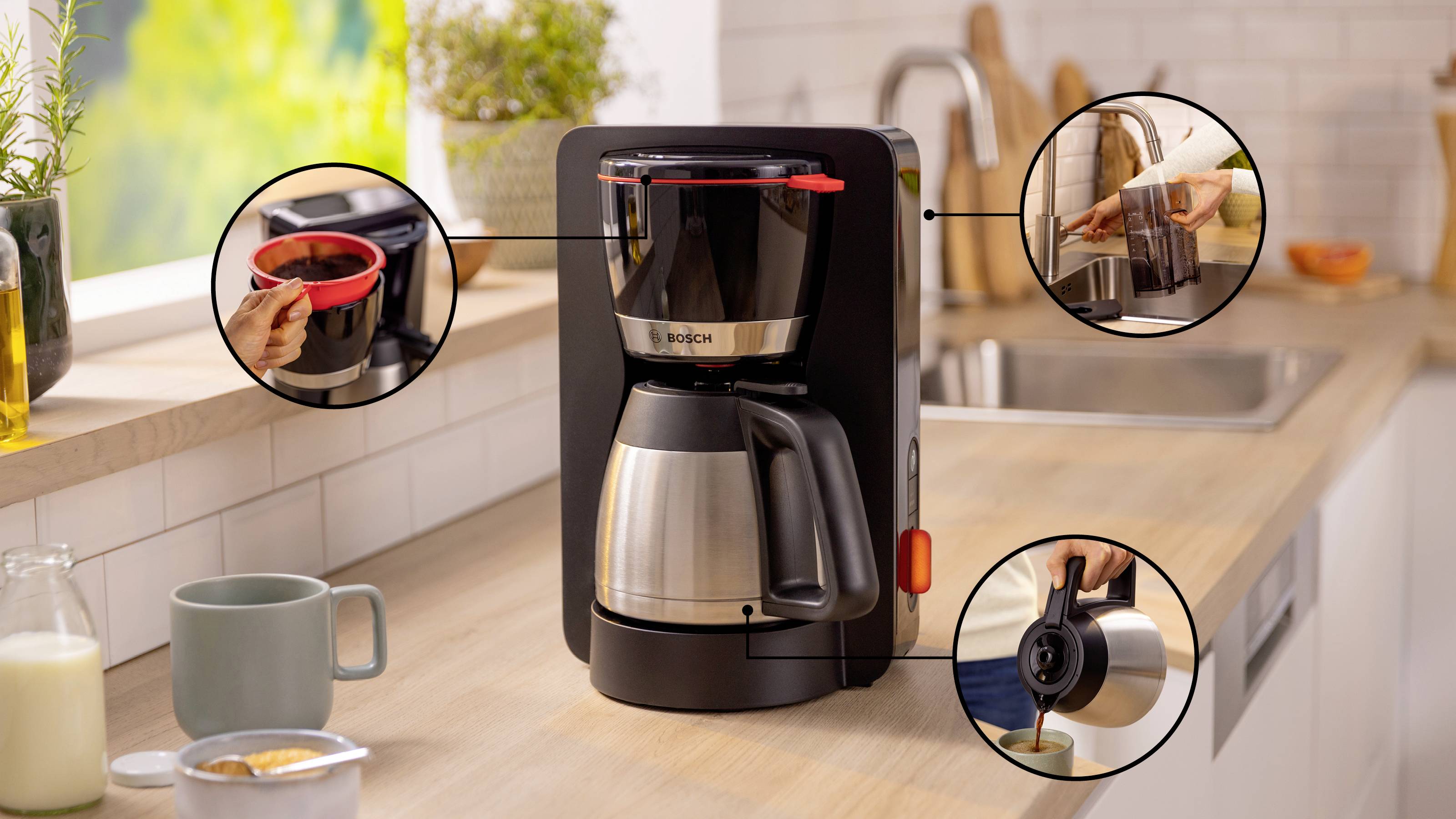 Eine Kaffeemaschine auf einer Küchenarbeitsplatte wird gezeigt mit drei Einblendungen: Wasserfüllung, Filtereinsatz und Kaffeeeinschenken in eine Tasse.