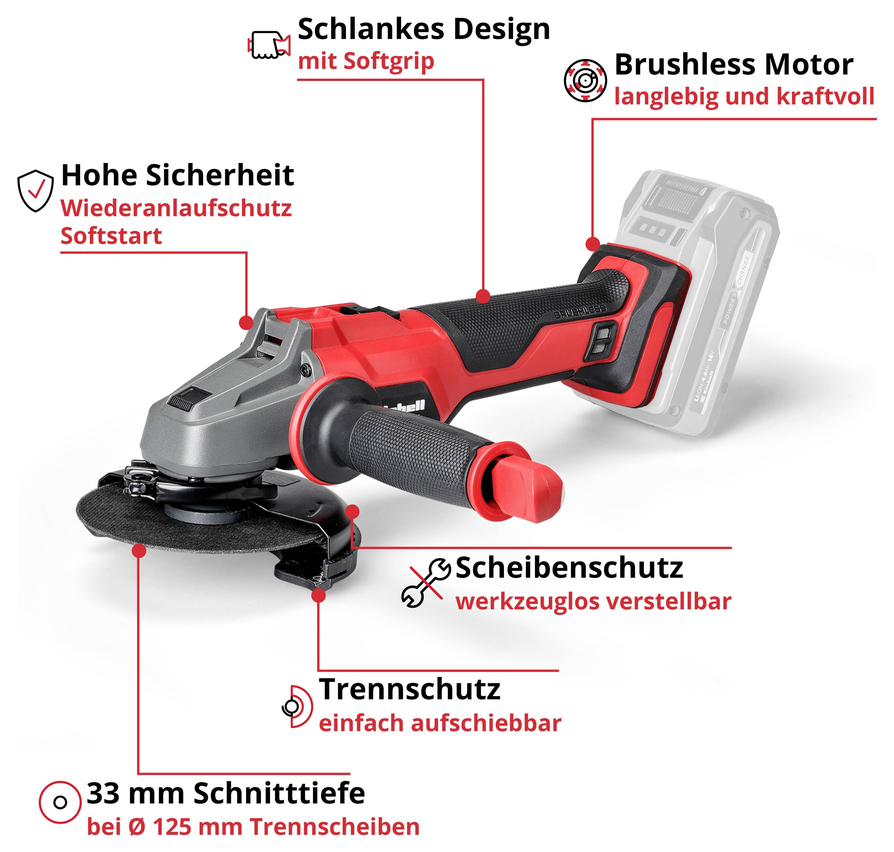 Einhell 4431140+4540011 Akku-Winkelschleifer 125mm ohne Akku, ohne Ladegerät, inkl. E-Case 18V