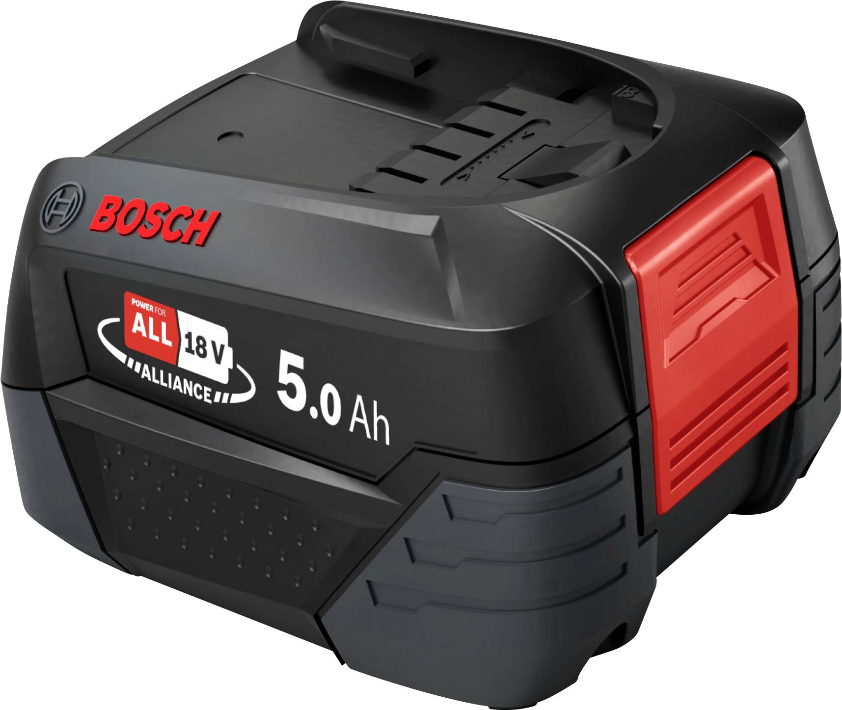 Bosch 18V 5,0 Ah Akku, schwarz mit roten Akzenten, Power For All Alliance Logo.