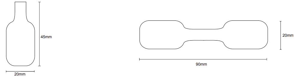 Das Bild zeigt zwei technische Zeichnungen: Eine Flaschenform mit Abmessungen von 45 mm x 20 mm und eine kurzhantelförmige Gestalt mit Abmessungen von 90 mm x 20 mm.