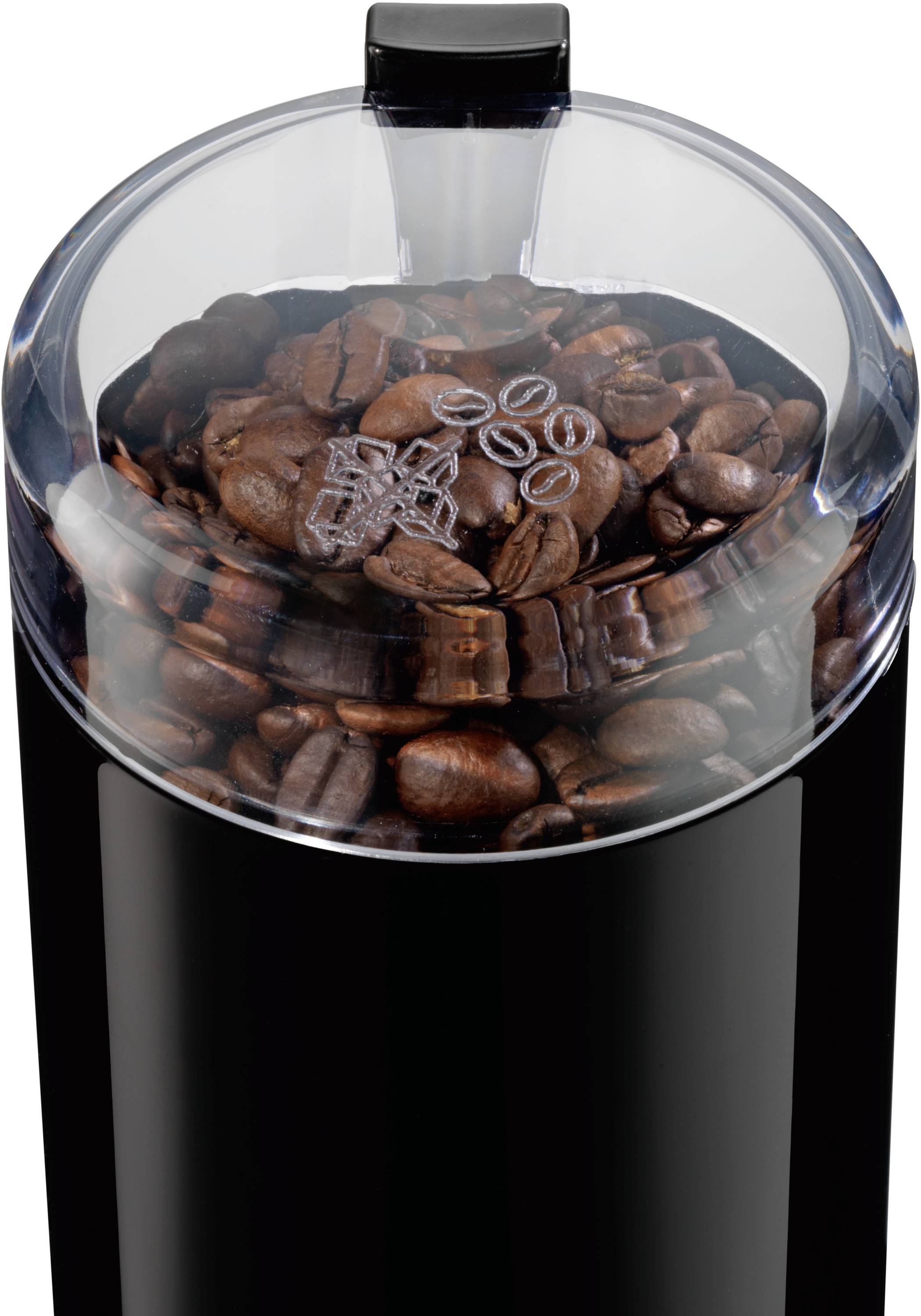 Kaffeemühle mit durchsichtigem Deckel zeigt Kaffeebohnen im Inneren, bereit zum Mahlen.