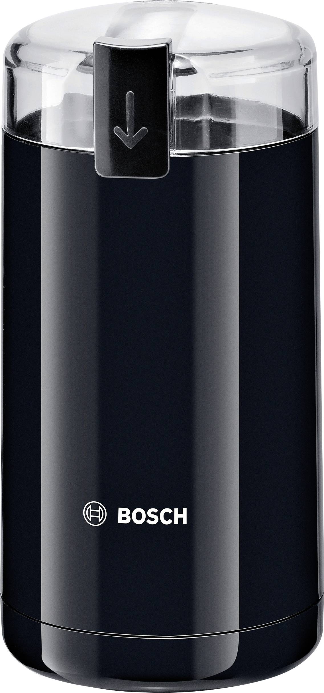 Ein schwarzer Bosch Kaffeemühle mit einem transparenten Deckel und einem Druckknopf mit einem nach unten gerichteten Pfeil.