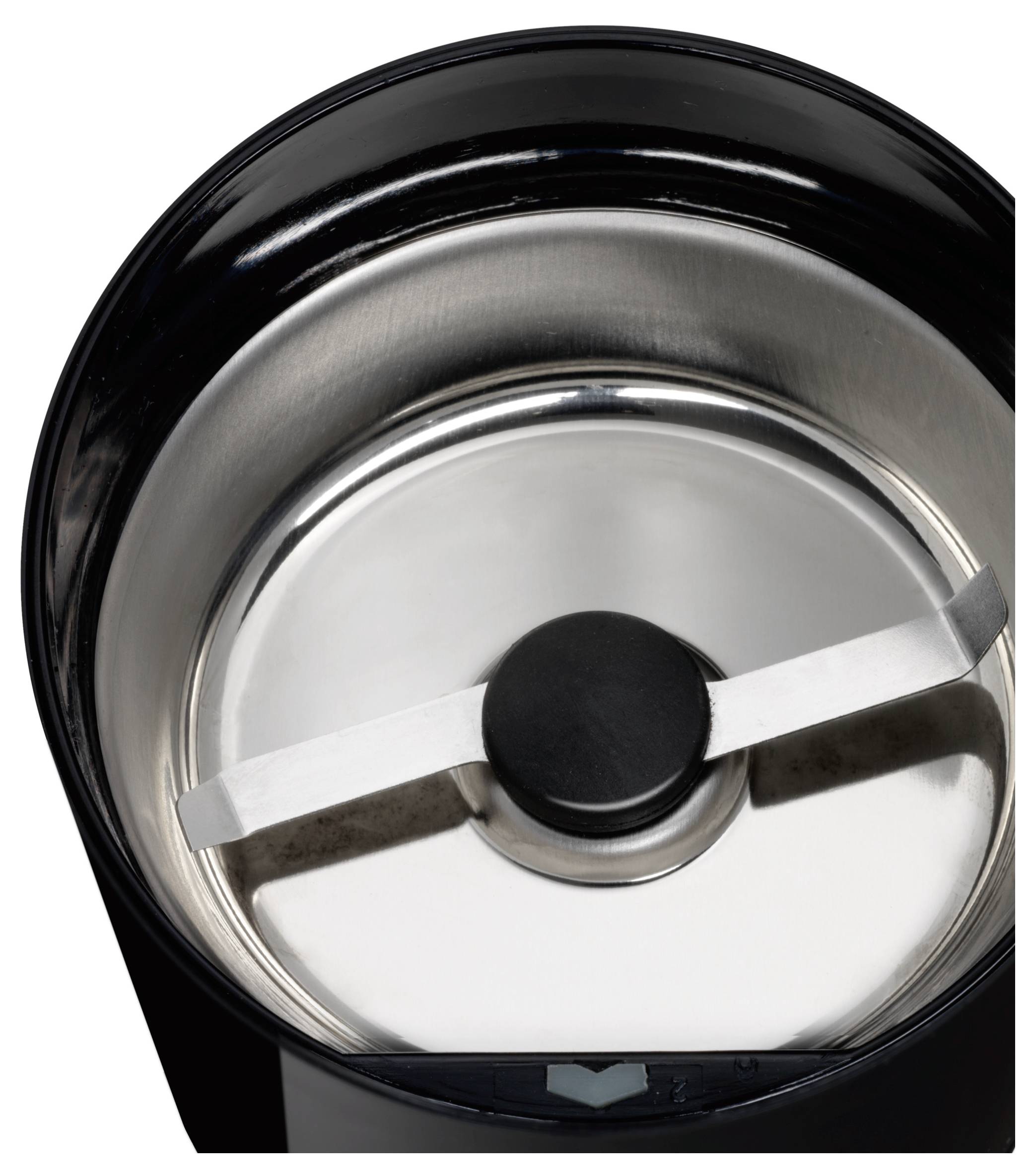 Draufsicht eines geöffneten Kaffeemühle aus Edelstahl, die den Doppelmesser-Mechanismus im Inneren zeigt.