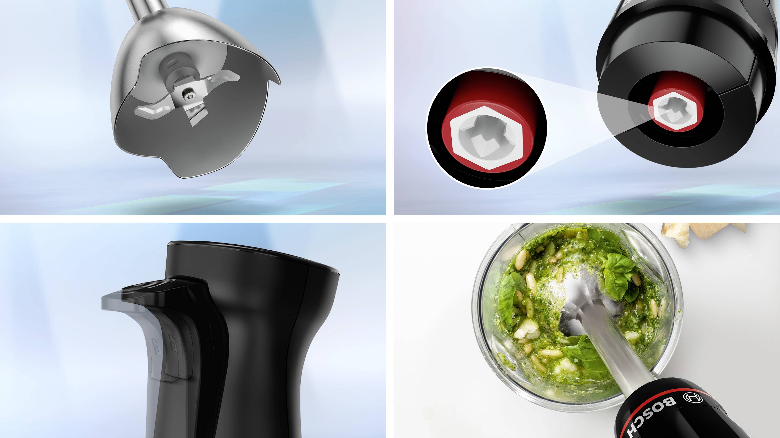 Collage eines Standmixers mit Details seiner Klinge, Easy-Click-System, ergonomischem Griff und einer Schüssel, in der Nüsse und Grünes püriert werden.