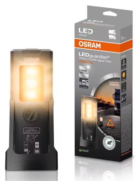 OSRAM LEDguardian TRUCK FLARE Signal TA19 Verpackung und Produkt. Zeigt ein rechteckiges Lichtgerät mit orangefarbener Beleuchtung neben seiner Verpackung.