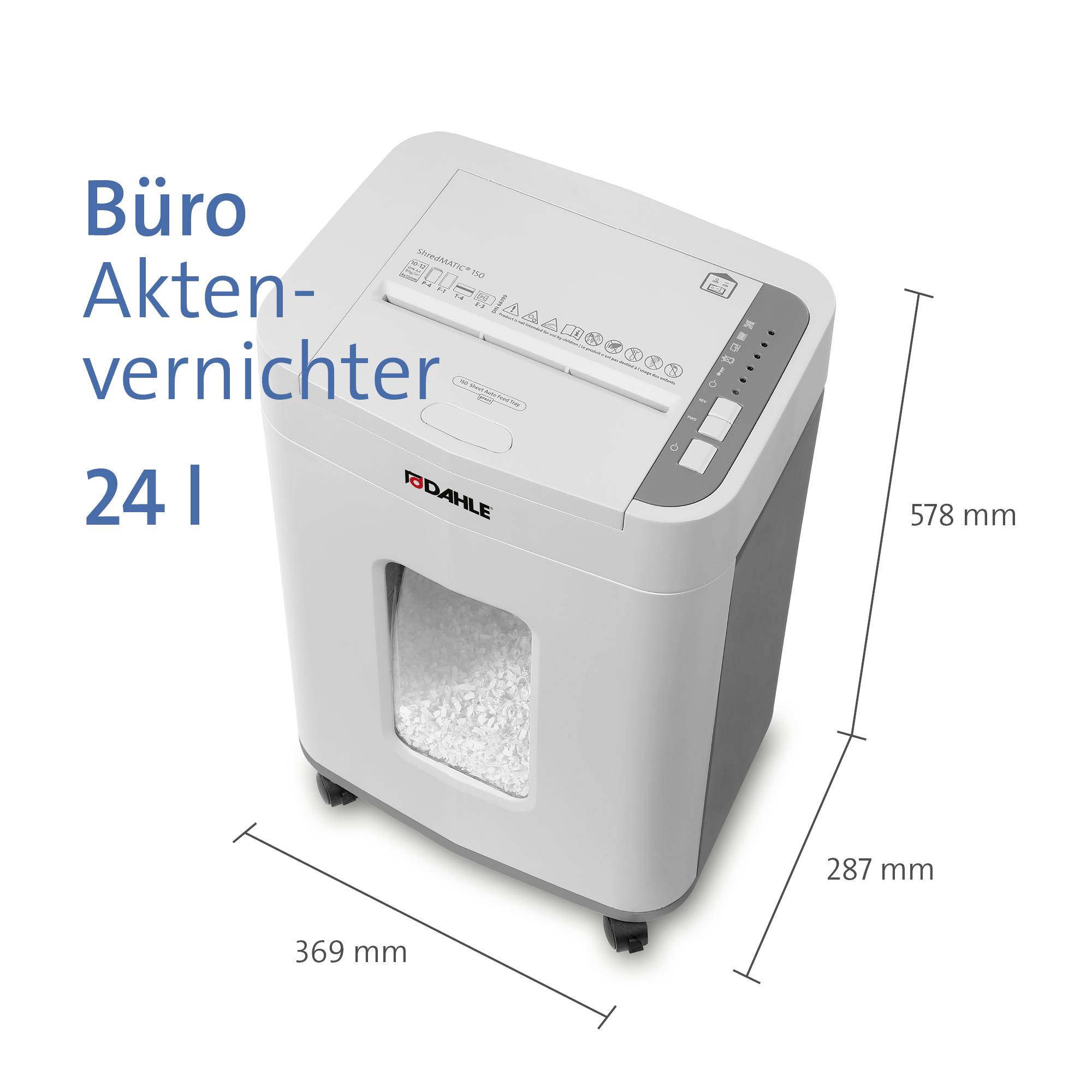 Dahle ShredMATIC 150 Aktenvernichter 150 Blatt Partikelschnitt 4 x 12 mm P-4 24 l Vernichtet auch Büroklammern, Heftklammern, Kreditkarte
