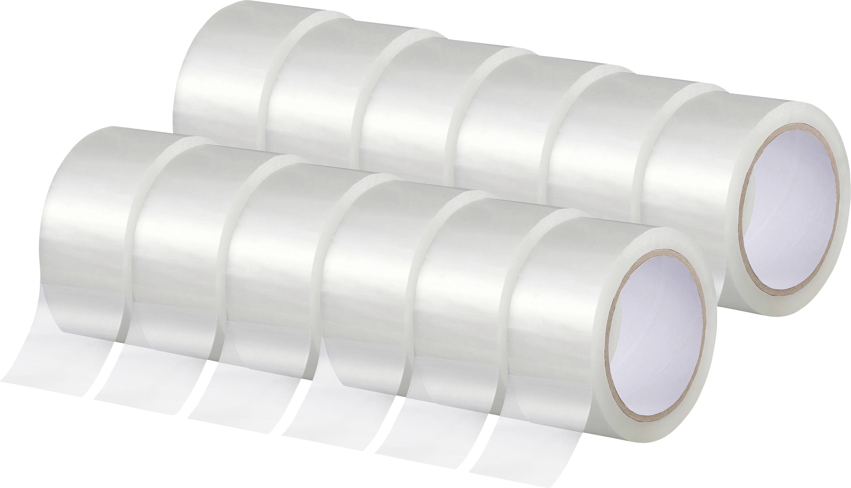 Zwei Reihen von transparenten Packband-Rollen, jeweils sechs Rollen nebeneinander ausgerichtet, mit sichtbarer reflektierender Oberfläche.