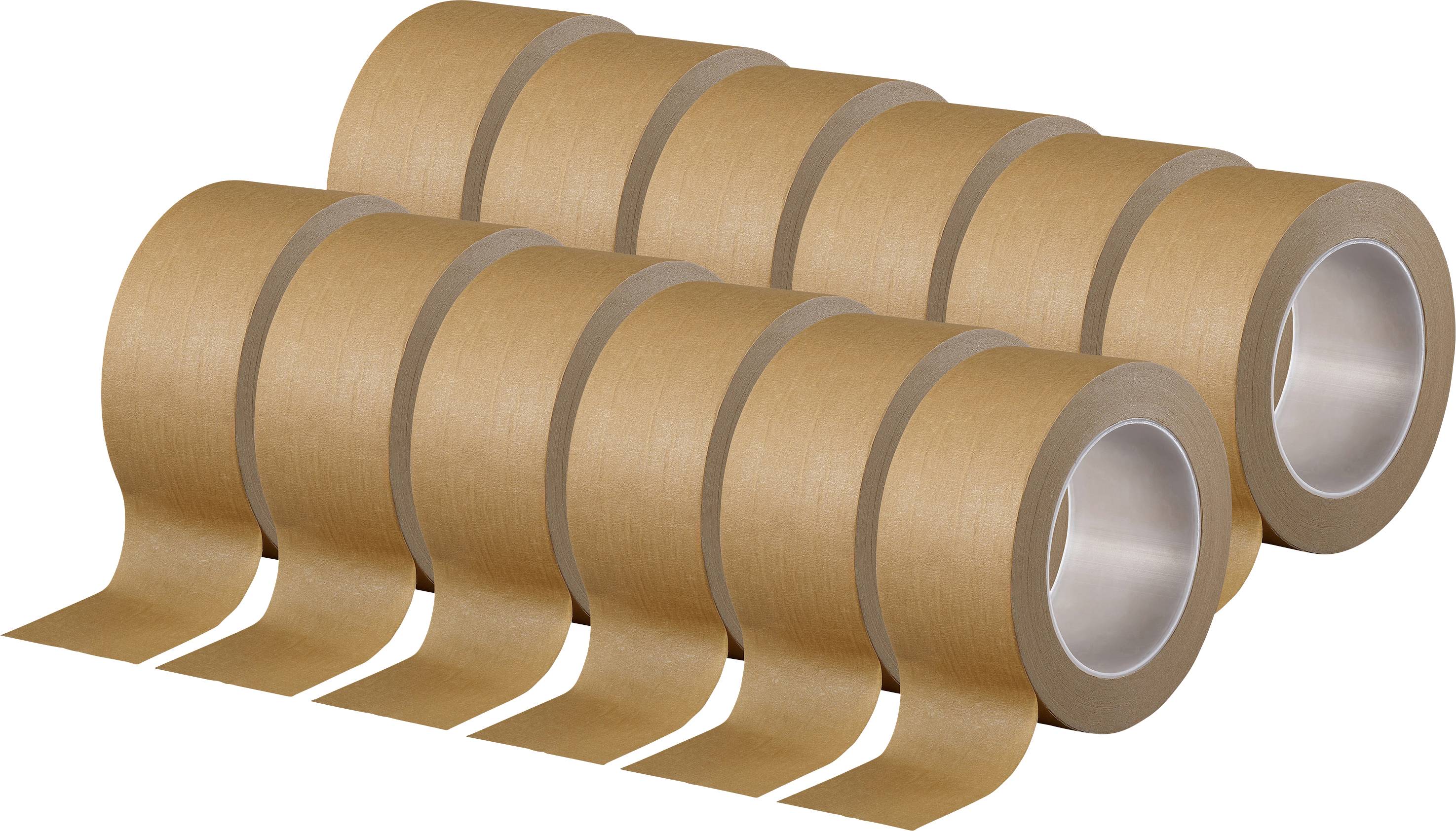 Ein Satz von acht braunen Klebebandrollen, vier in der vorderen Reihe und vier in der hinteren Reihe, alle leicht schräg positioniert.
