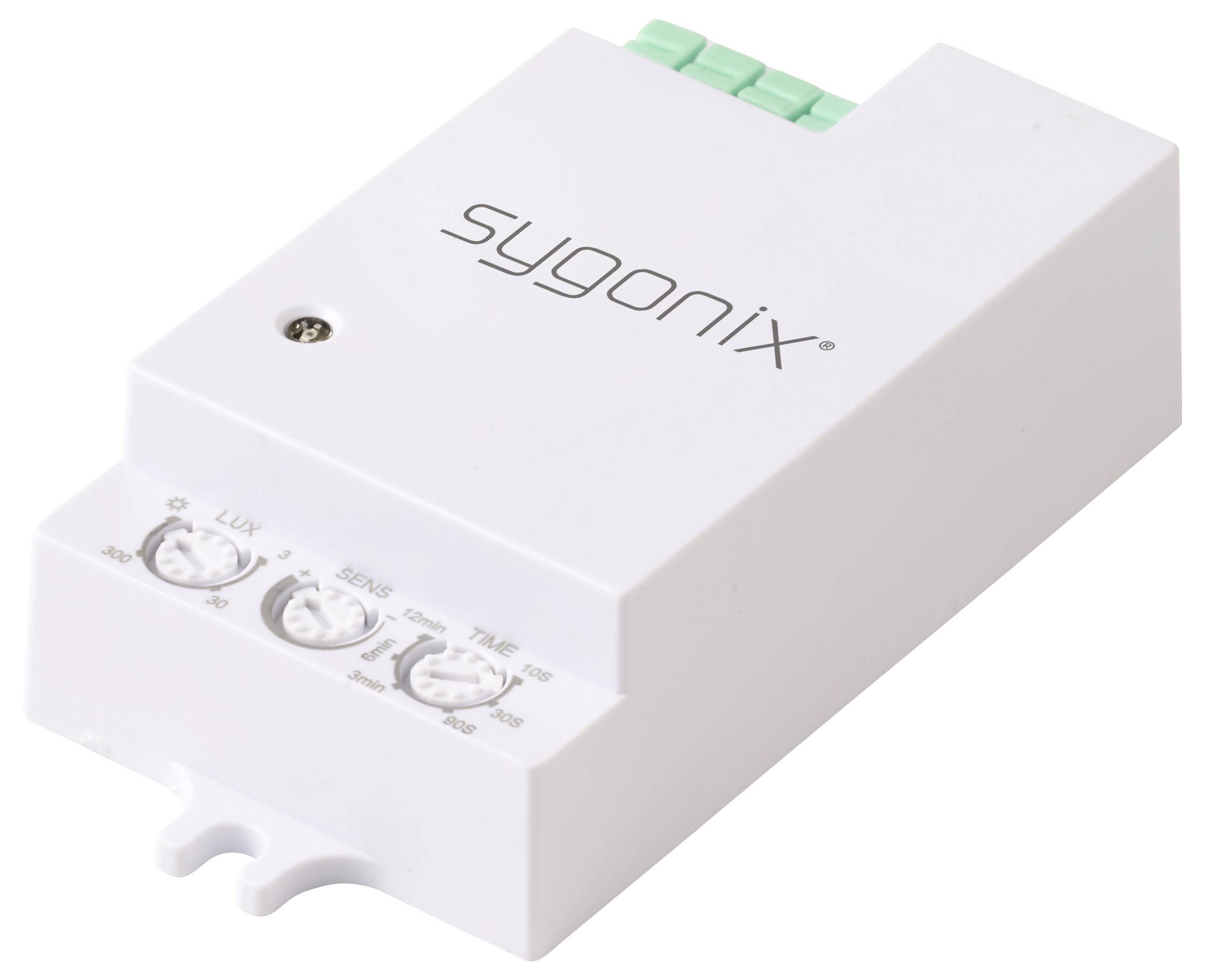 Ein weißer Sygonix-Bewegungssensor mit einstellbaren Drehreglern, die mit 