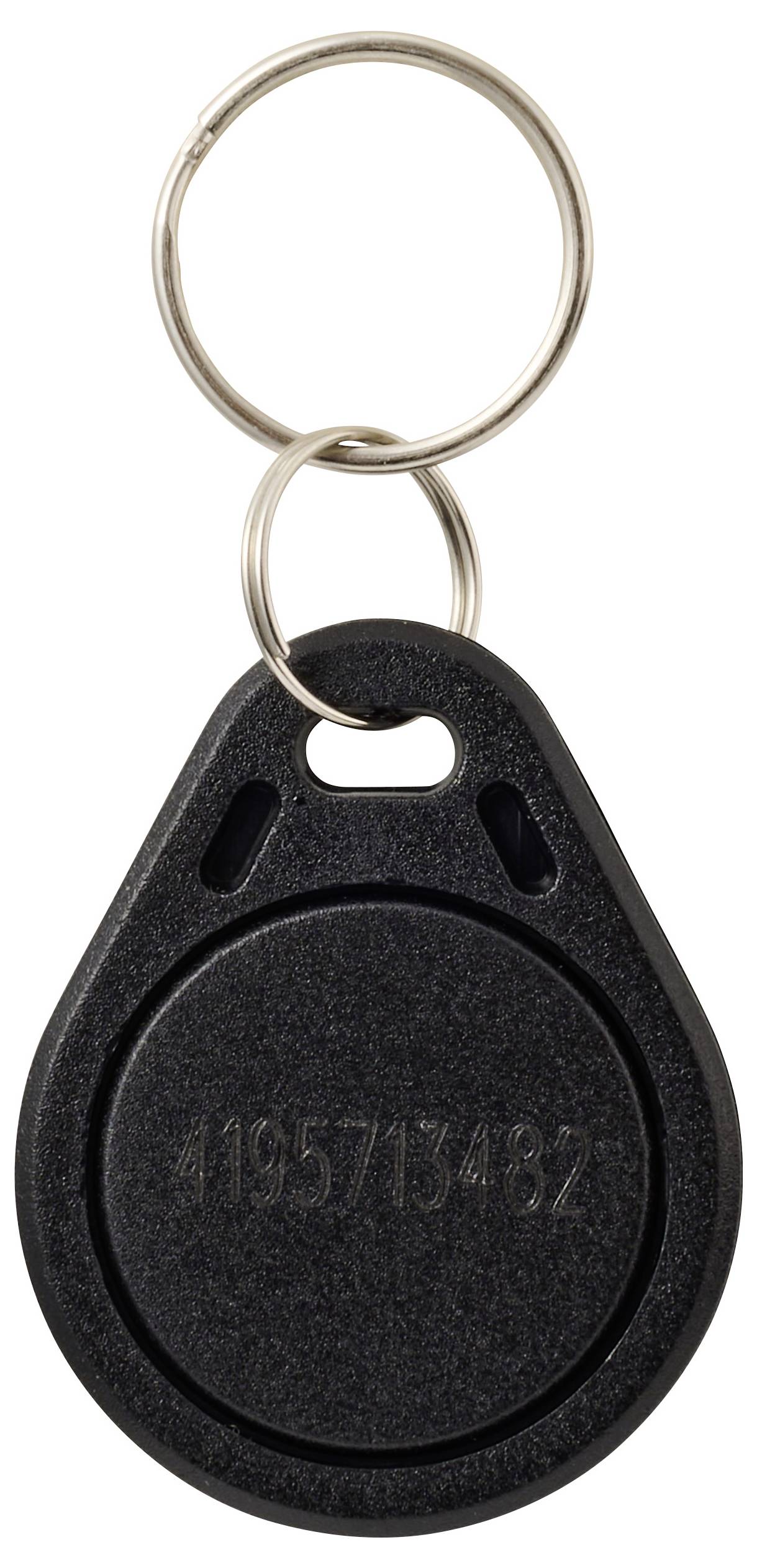 Ein schwarzer Schlüsselanhänger mit kreisförmigem Design und eingravierter Nummer '4195713482', an einem Metallschlüsselring befestigt.