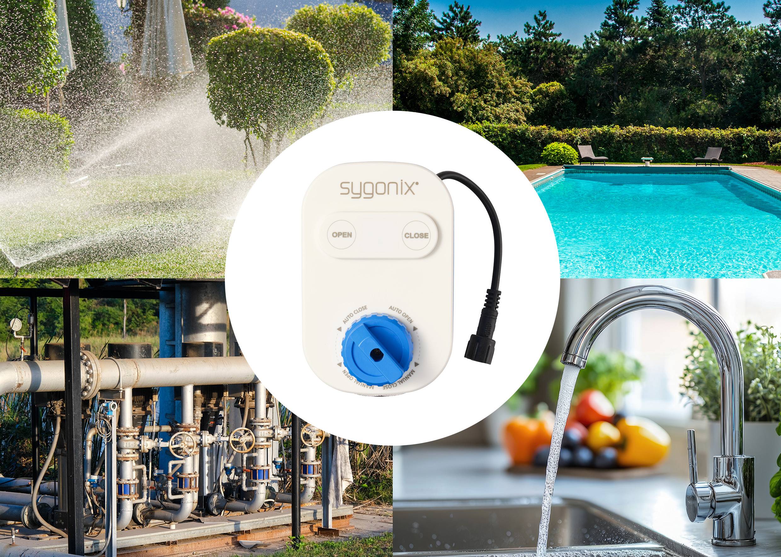Collage mit Bewässerungssystem, Pool, Wasseranlage, Wasserhahn mit sauberem Wasser und Sygonix-Ventilsteuergerät in der Mitte.