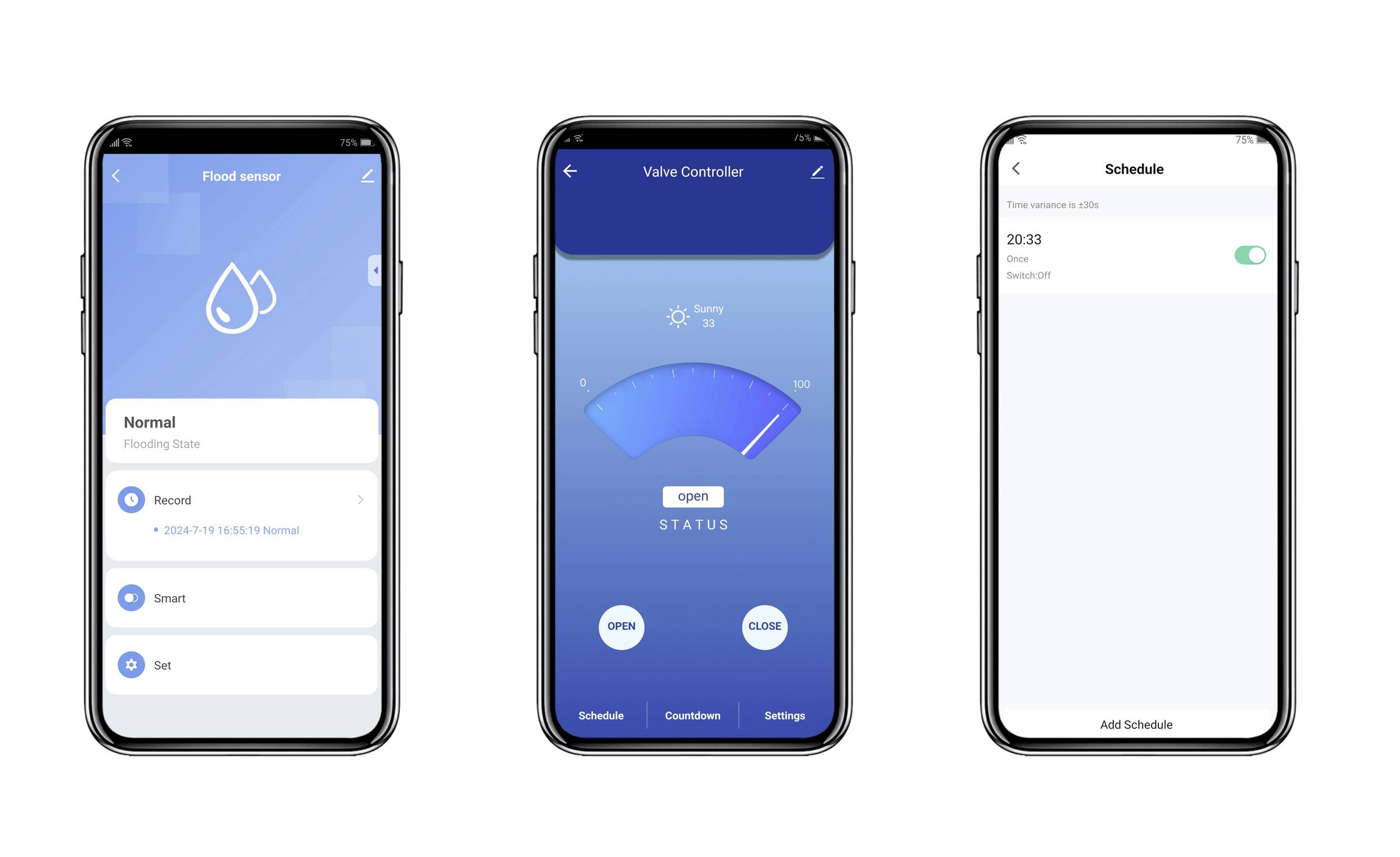Drei Smartphone-Bildschirme, die eine Flutwarnsensor-App zeigen: Flutstatusstatus, Ventilsteuerung mit Öffnen/Schließen-Status und Zeitplaneinstellungen.