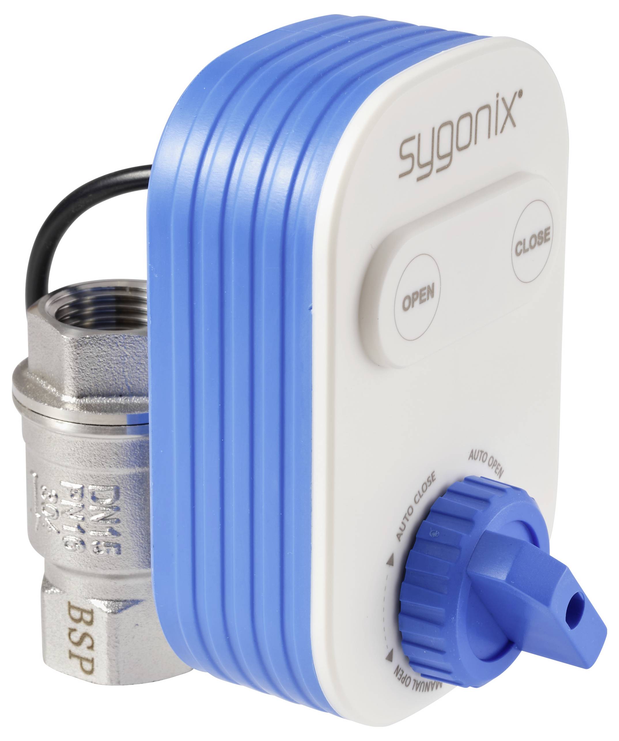 Intelligenter Ventilregler mit blau-weißem Gehäuse, beschriftet mit sygonix, ausgestattet mit einem verstellbaren Drehknopf für automatisches Öffnen/Schließen und zwei Tasten.