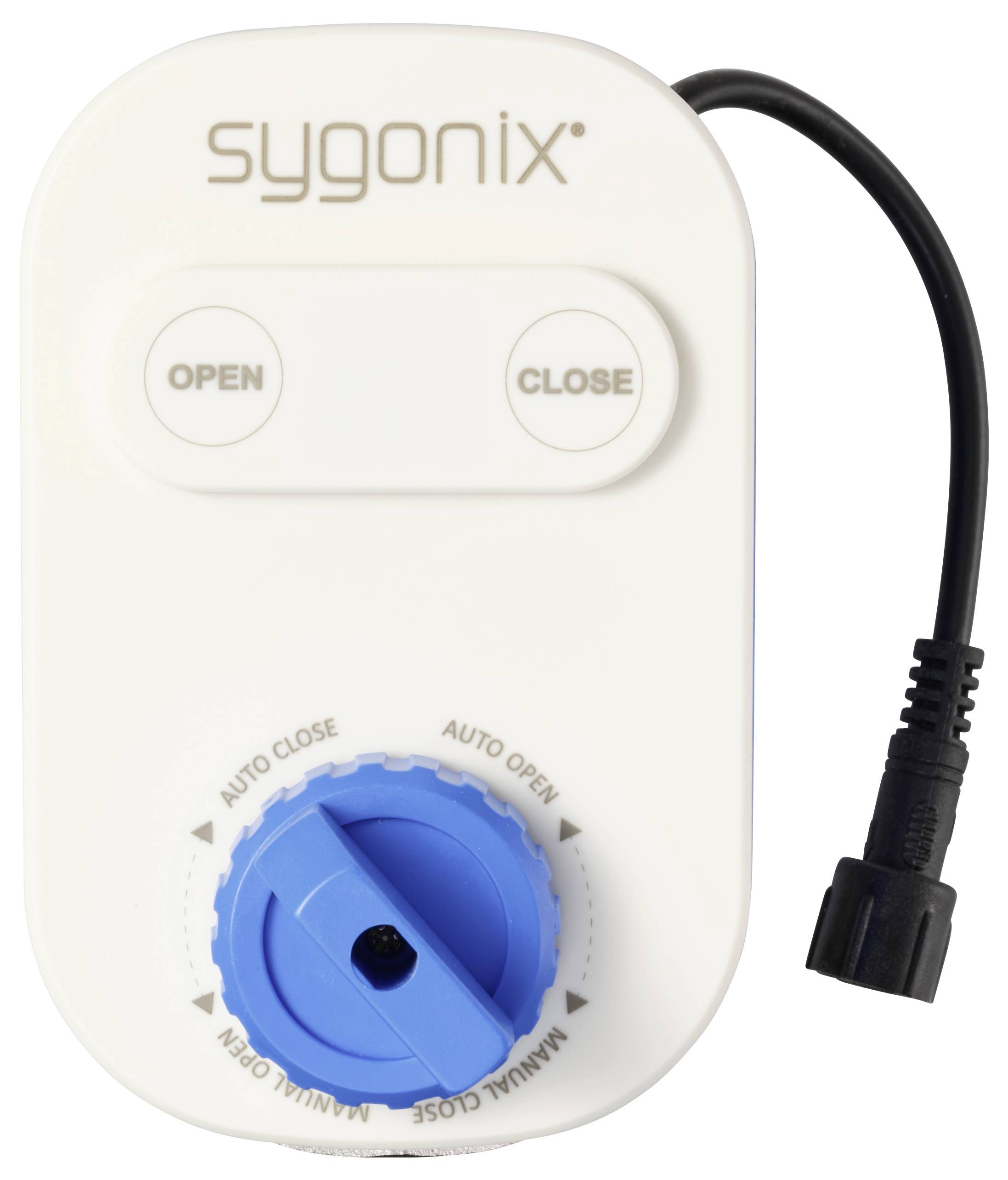Manueller Zeitschalter mit automatischer Öffnen/Schließen-Skala und Öffnen/Schließen-Tasten, Marke sygonix, mit angeschlossenem Netzkabel.