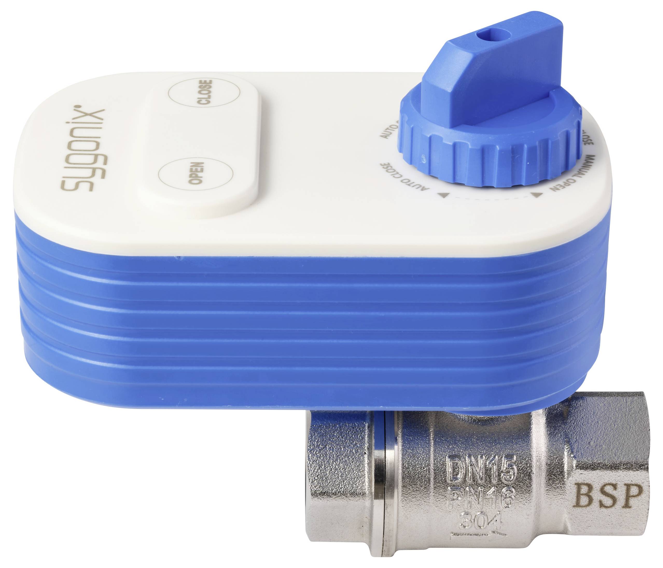 Ein blau-weißes elektronisches Wasserventil mit einem Drehschalter, der mit 