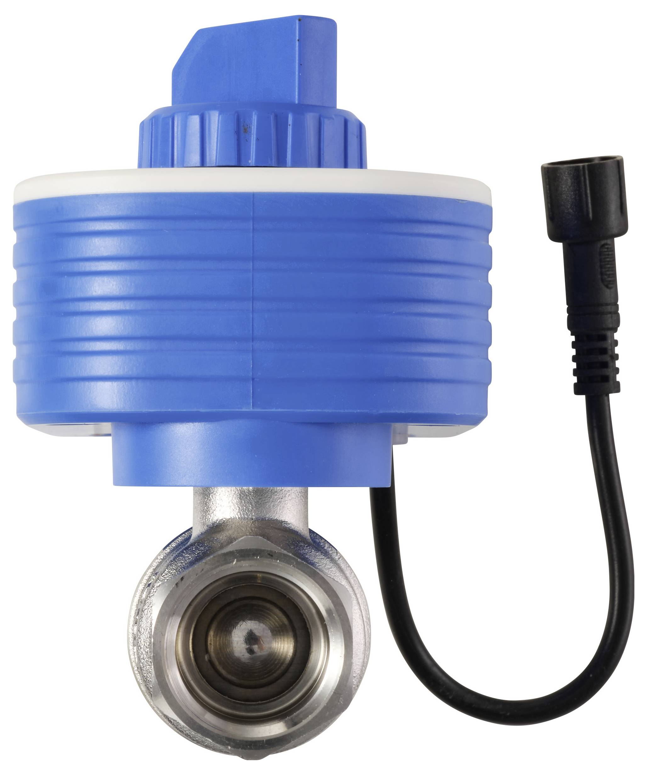 Ein blauer Ventilaktuator mit einem schwarzen Kabel und Anschluss, der zur Steuerung des Wasserflusses in Rohrleitungssystemen verwendet wird.