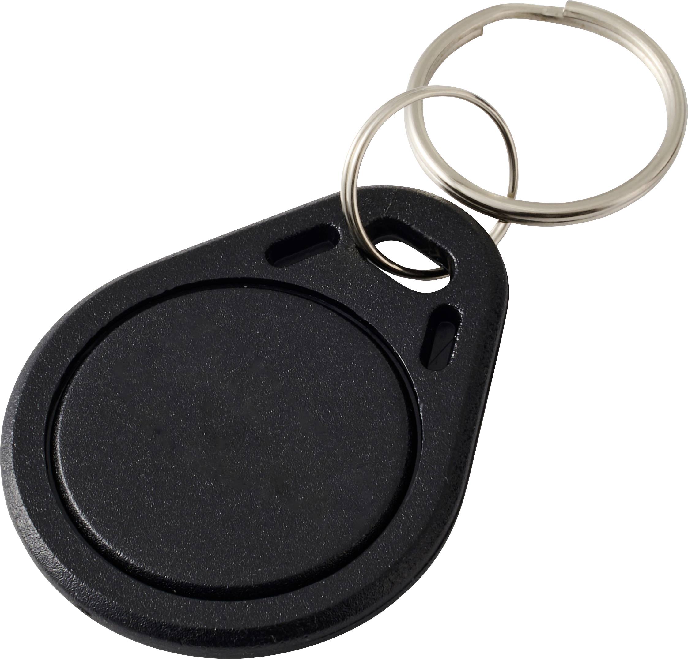 Ein schwarzer RFID-Schlüsselanhänger mit einem Metallschlüsselring, der an der Oberseite befestigt ist.