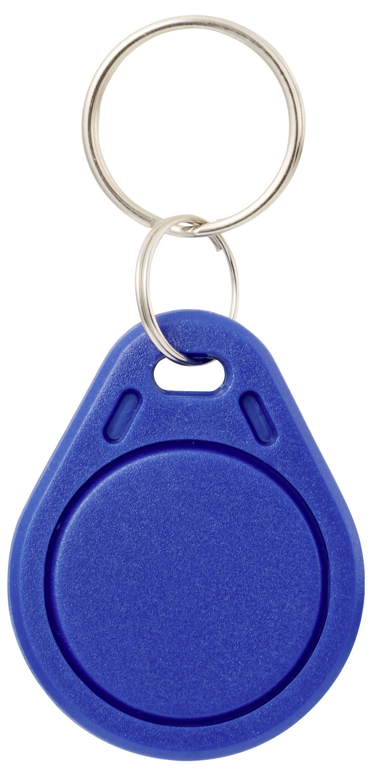 Ein blauer Schlüsselanhänger mit einer kreisförmigen Gestaltung und angehängtem Metallschlüsselring.