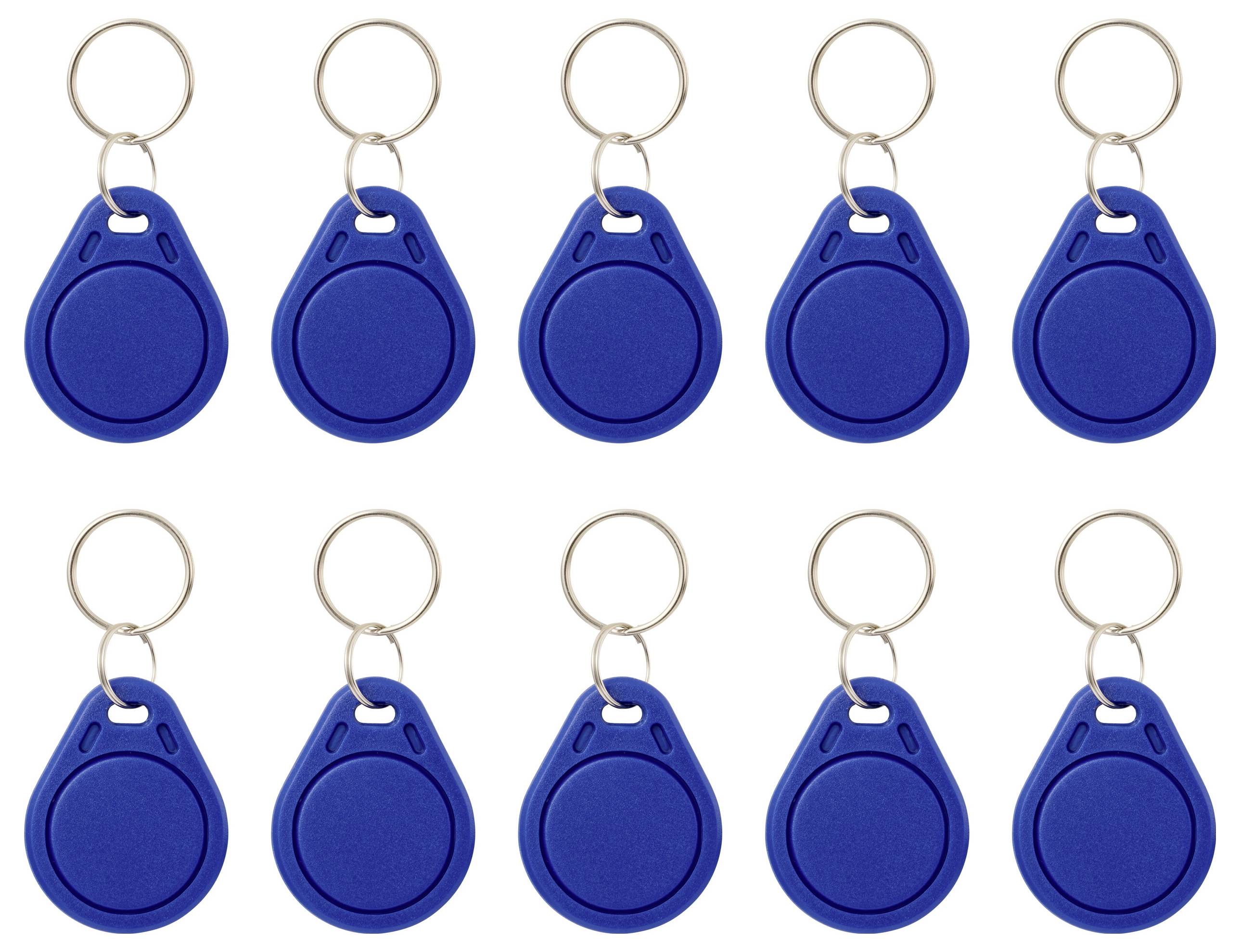 Zehn identische blaue Schlüsselanhänger mit metallischen Schlüsselringen, angeordnet in zwei Reihen zu je fünf.