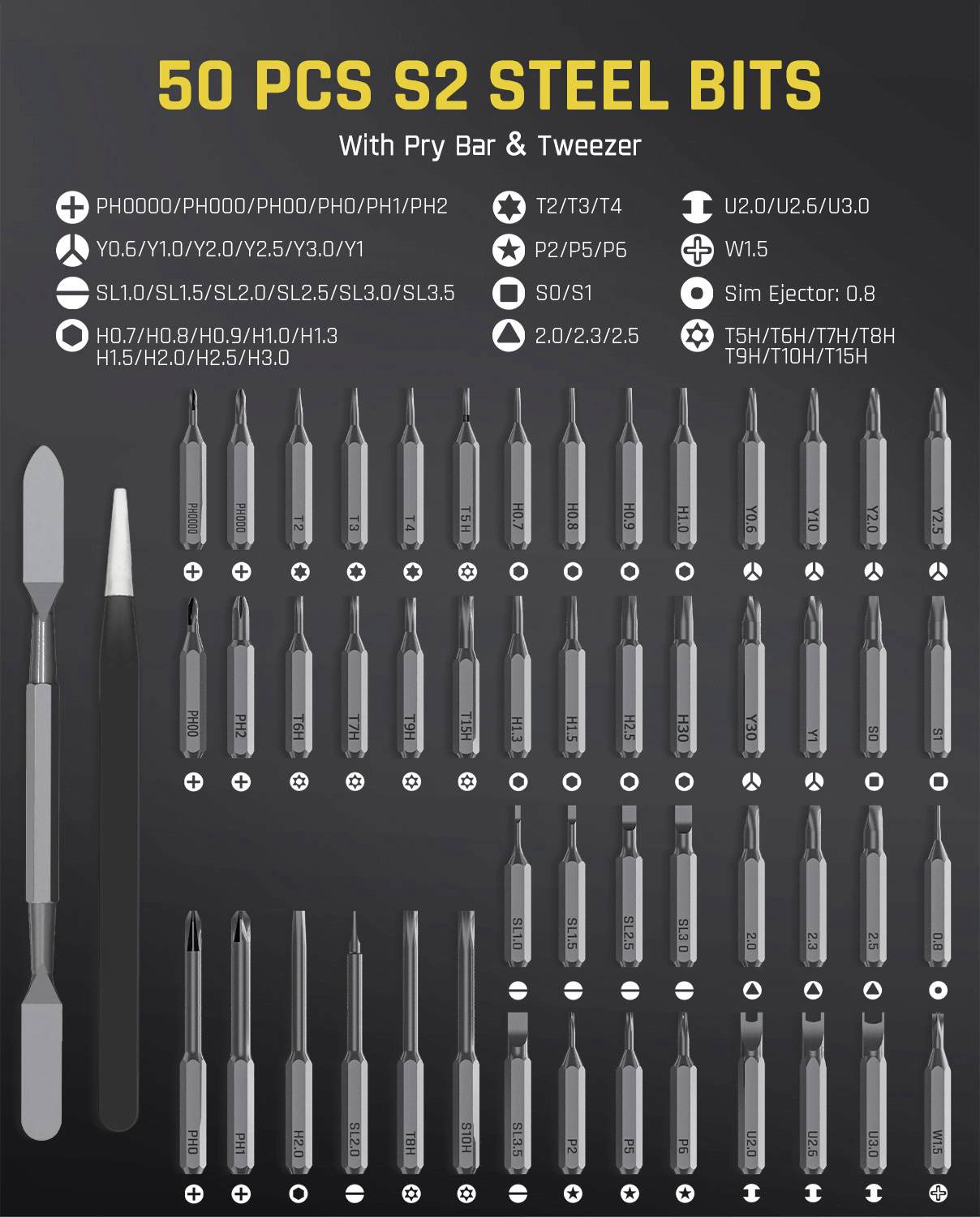 '50 Stück S2-Stahlbits' Set, präsentiert mit verschiedenen Schraubendreher-Bittypen, einschließlich PH, PZ, SL, H, T, U, Y, S und Sim-Auswerfer. Enthält eine Brechstange und eine Pinzette.